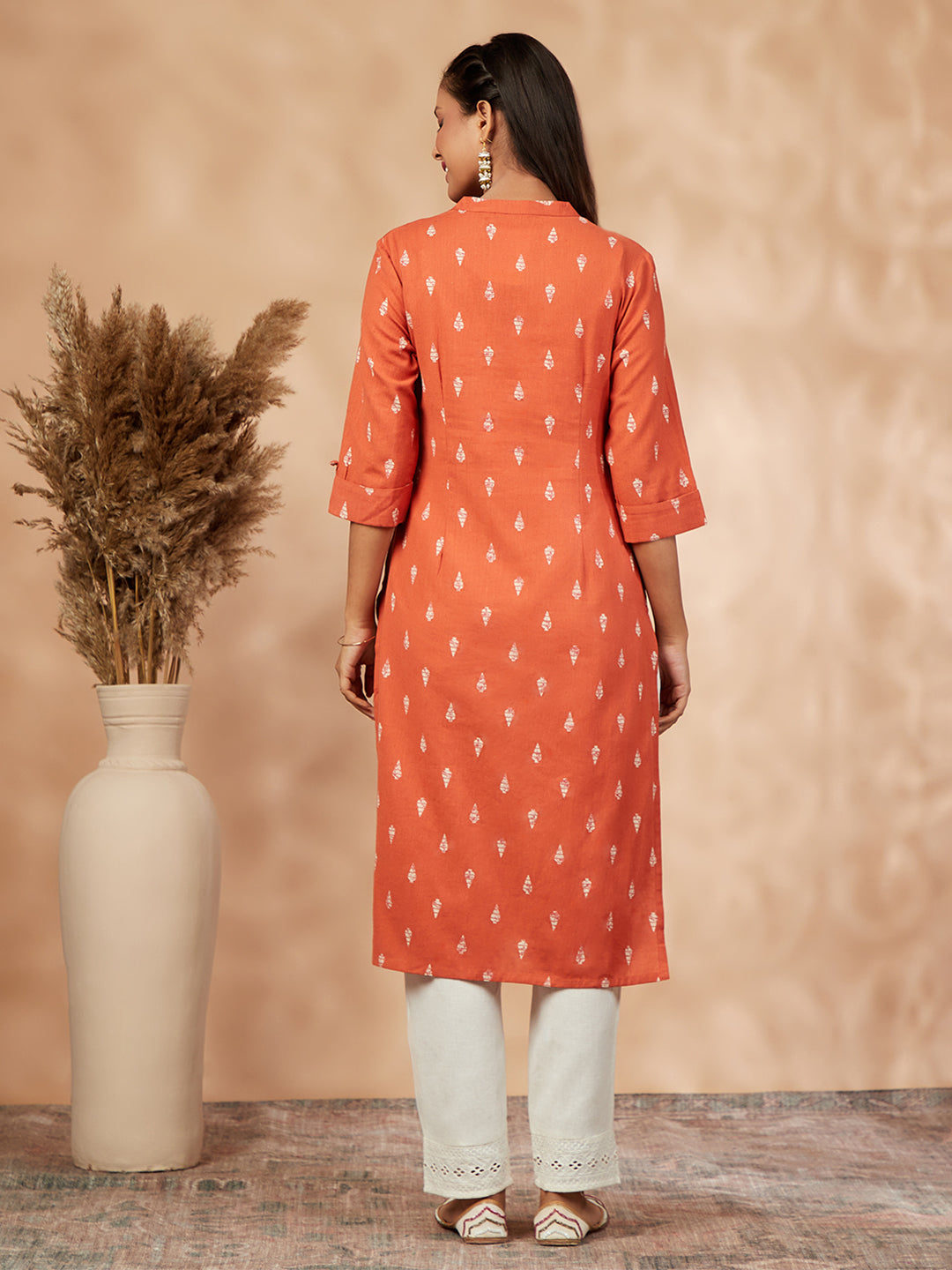 Printed Orange Straight Kurta