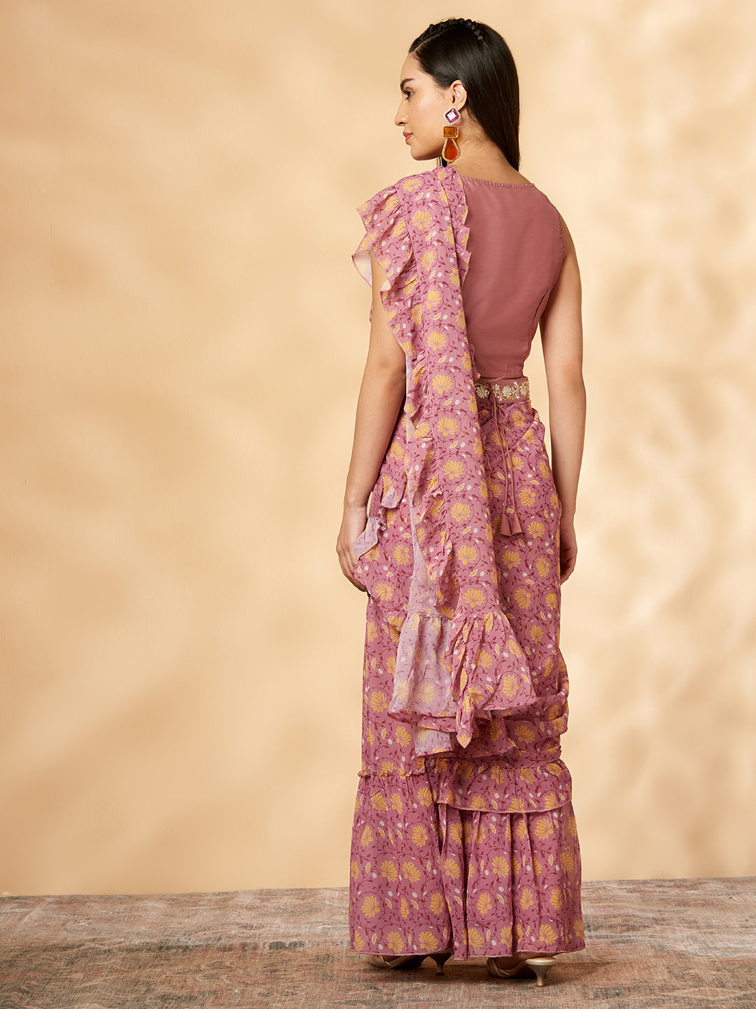 Pink Ruffled Lehenga- Sari