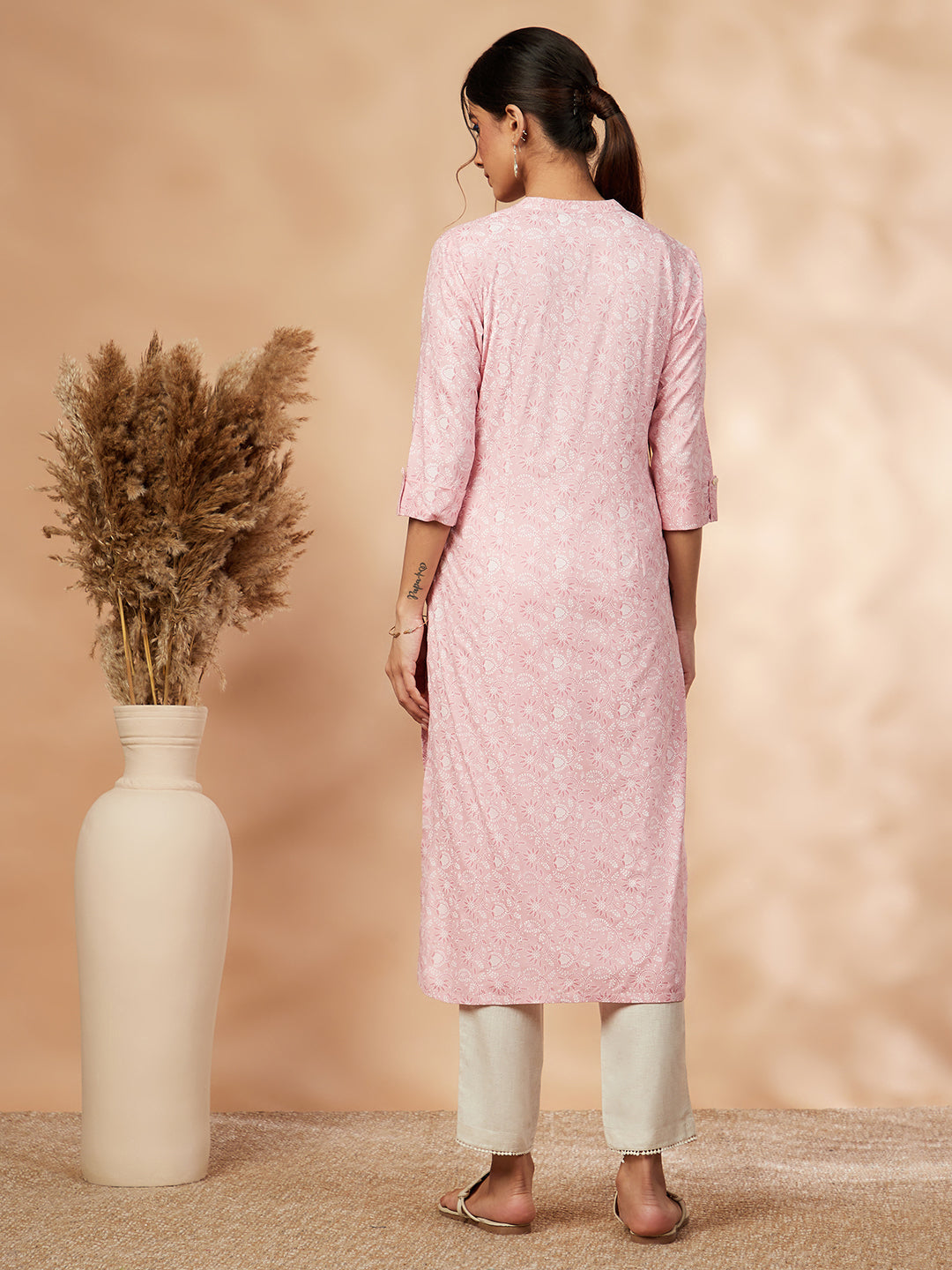 Printed Light Pink Straight Kurta