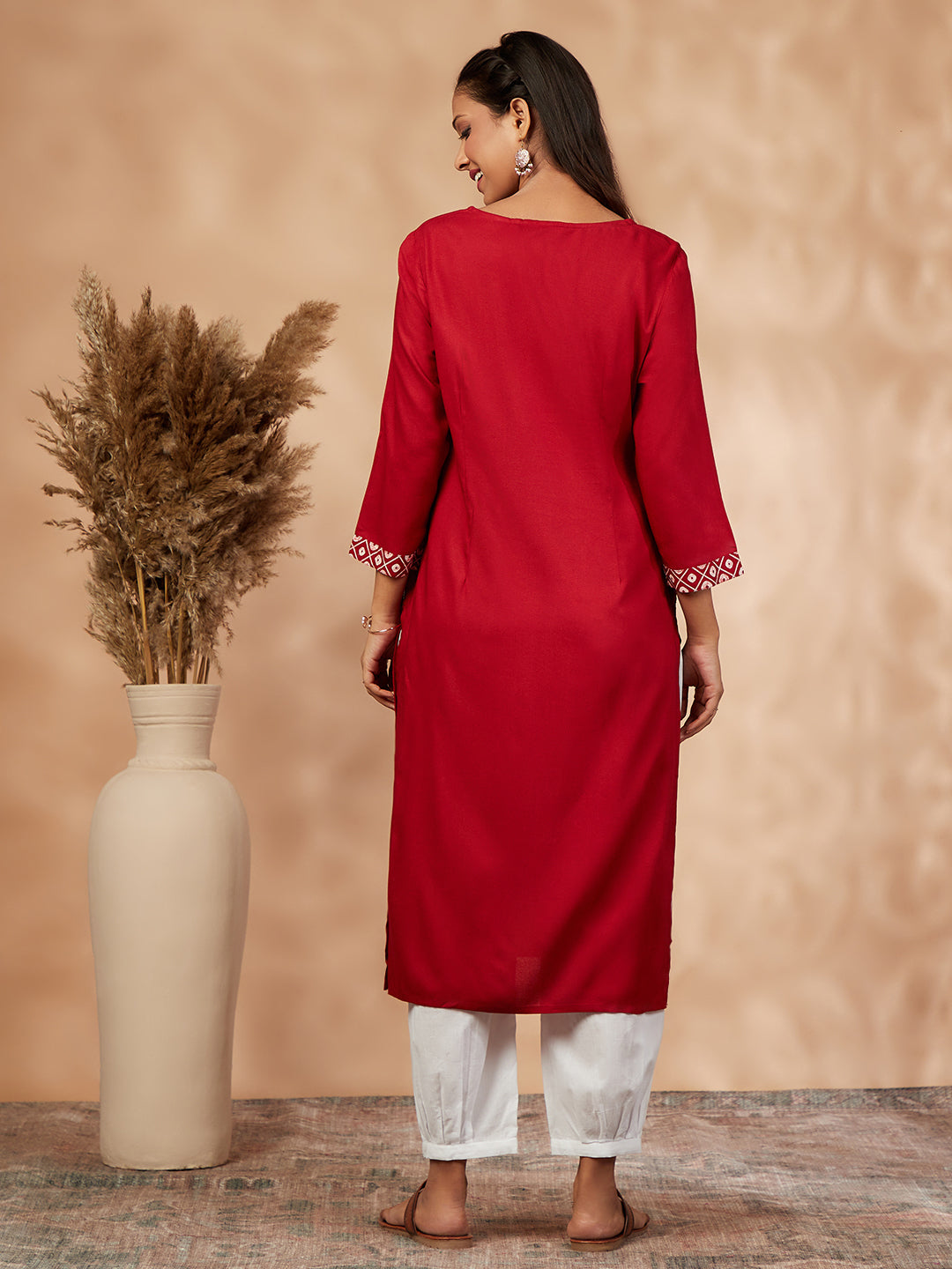 Printed Red Straight Kurta