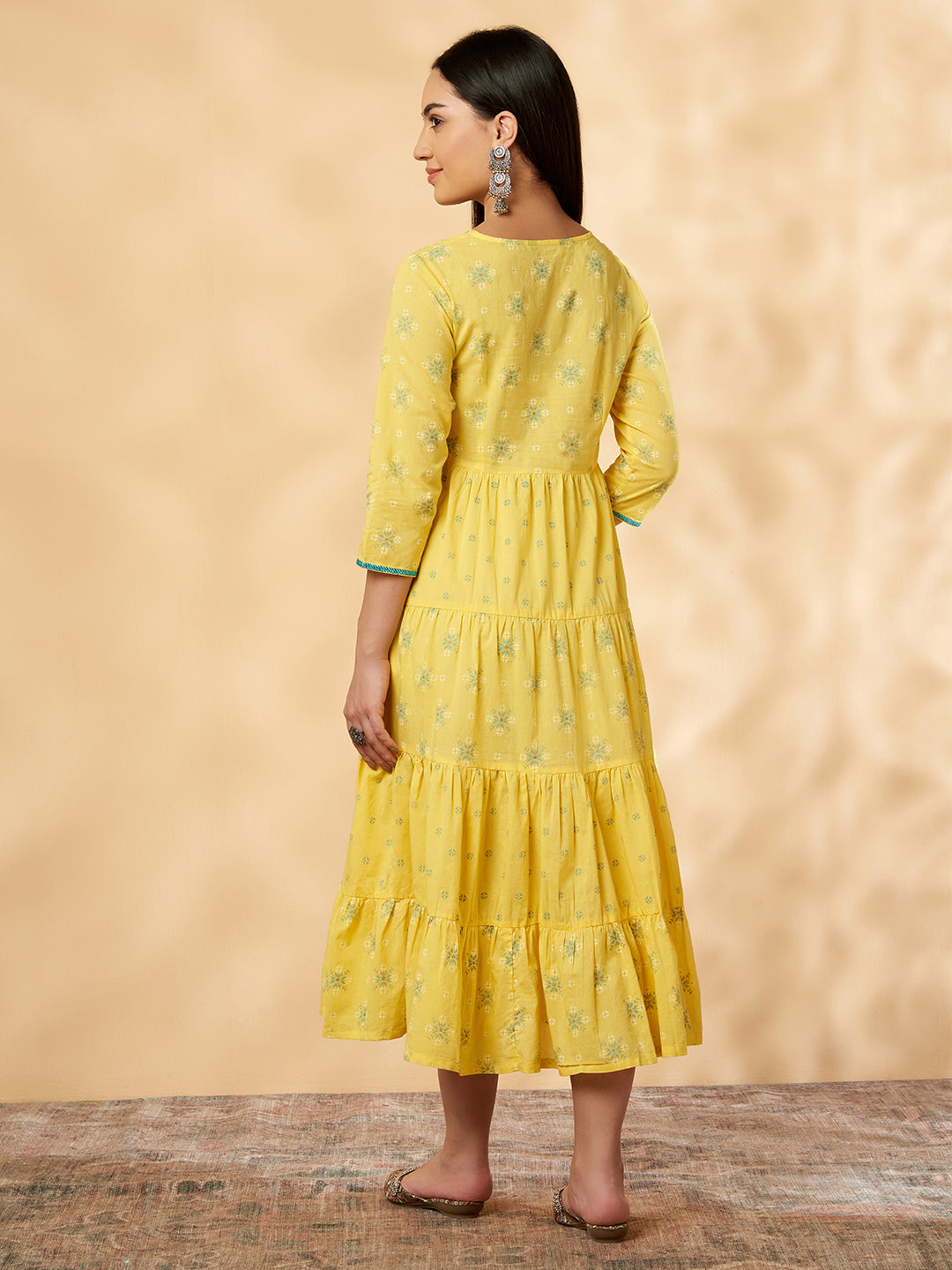 Yellow Printed Tiered Dress