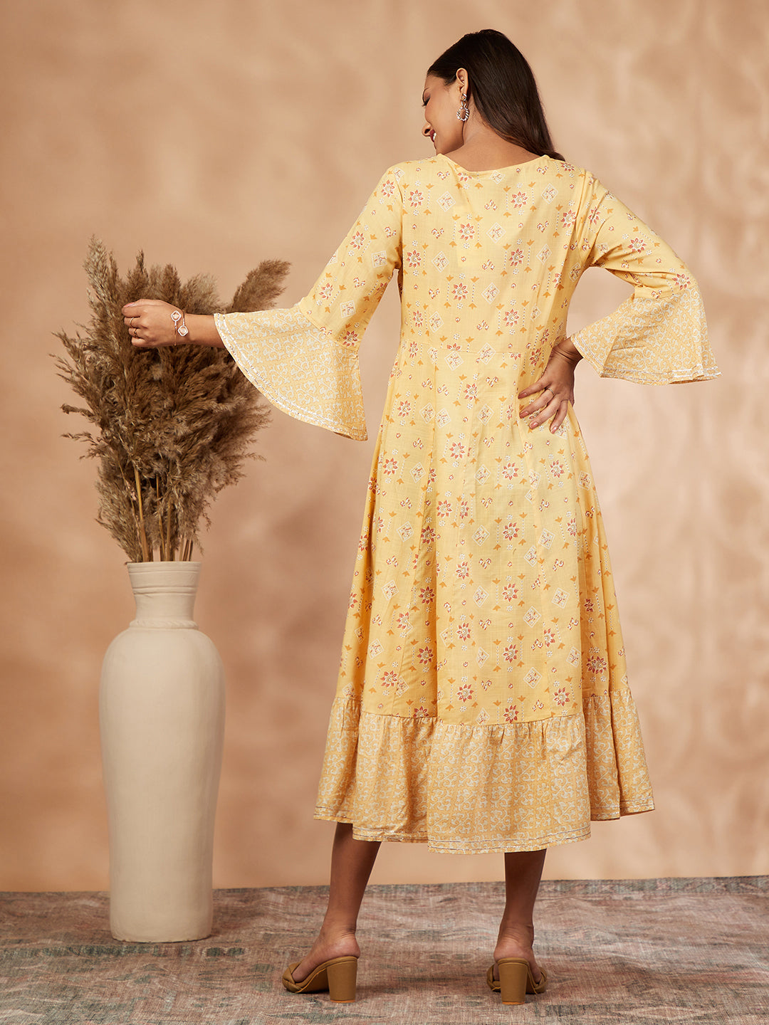 Mustard Printed Rayon Anarkali Dress