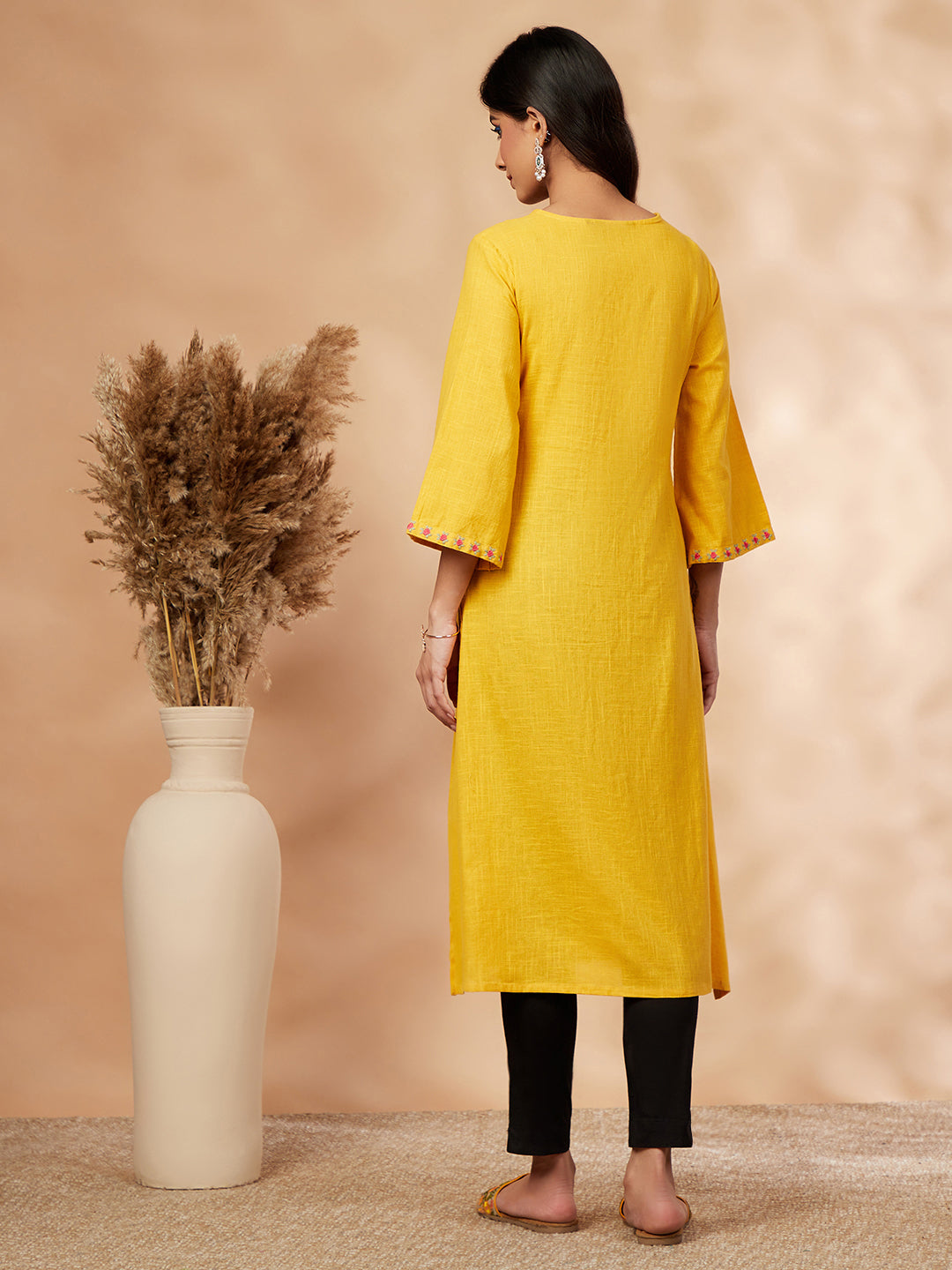 Mustard Floral Embellished A-Line Kurta