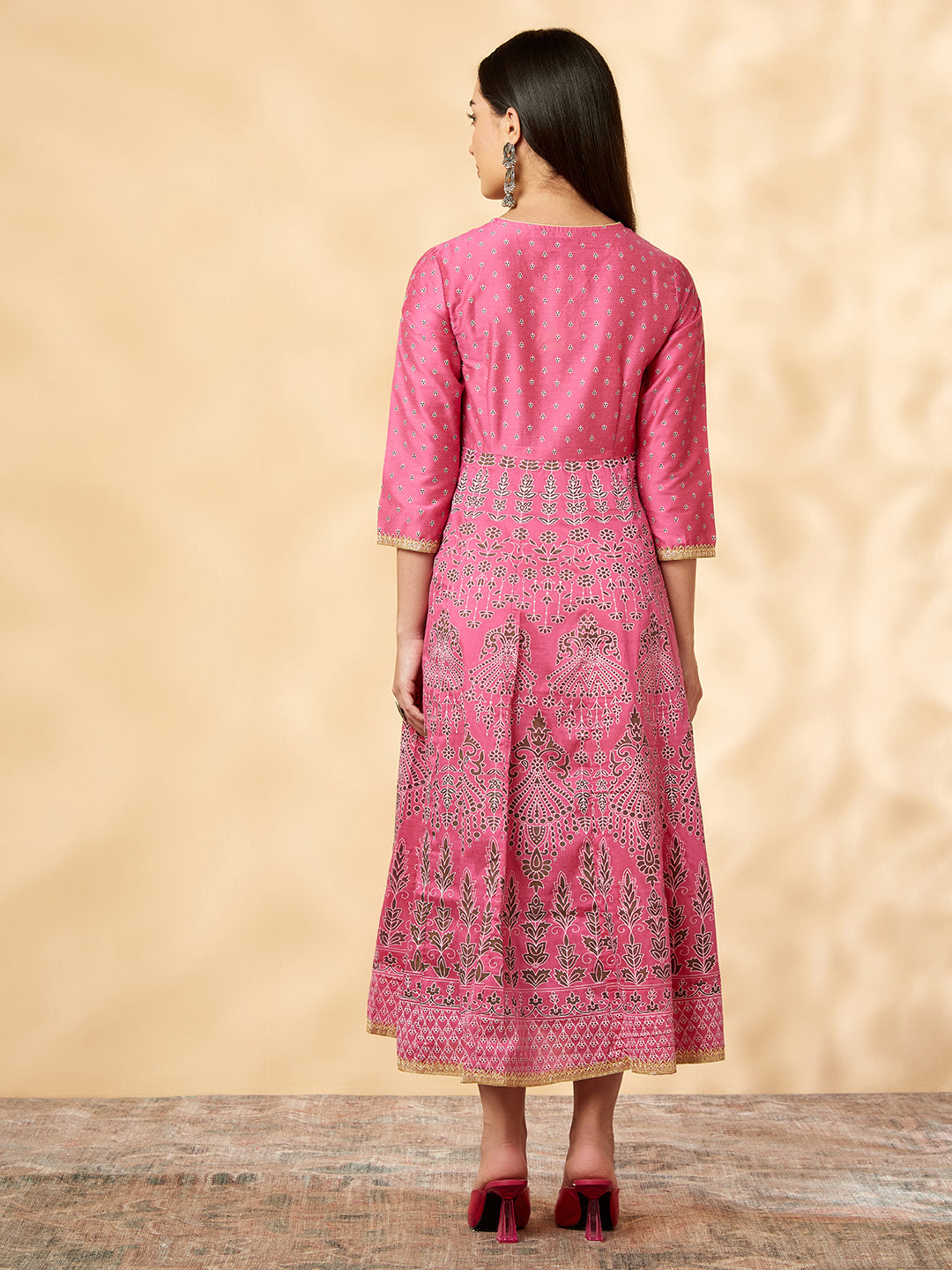 Pink Printed Kalidar Dress