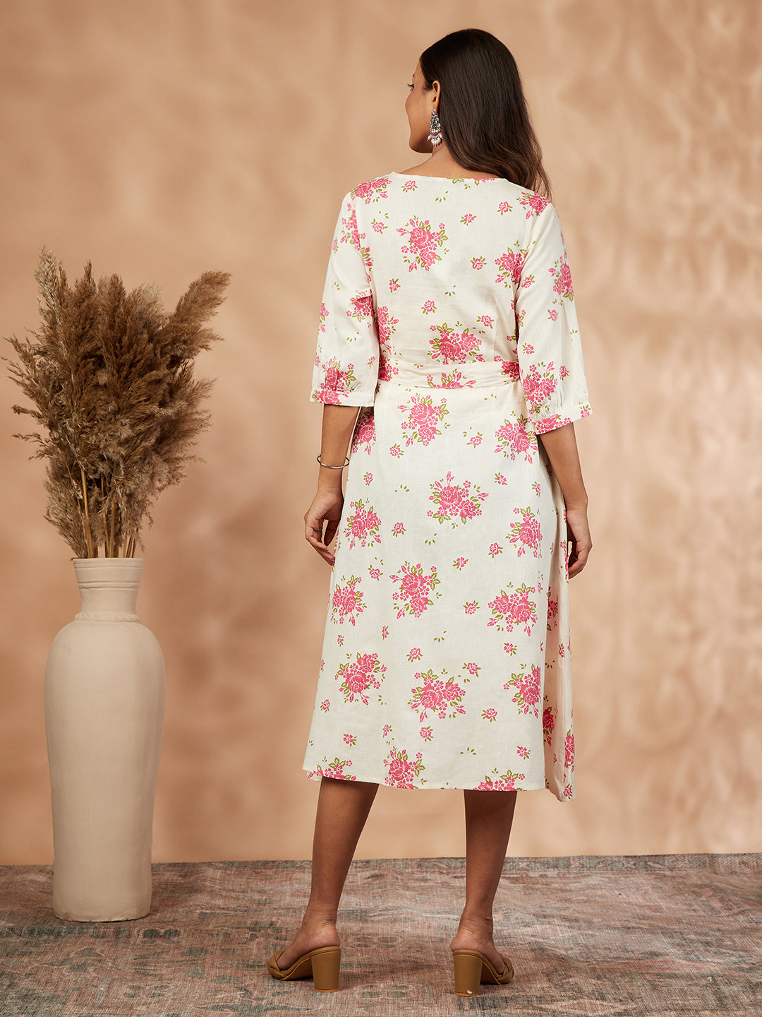 Off-White Floral Print A-Line Dress