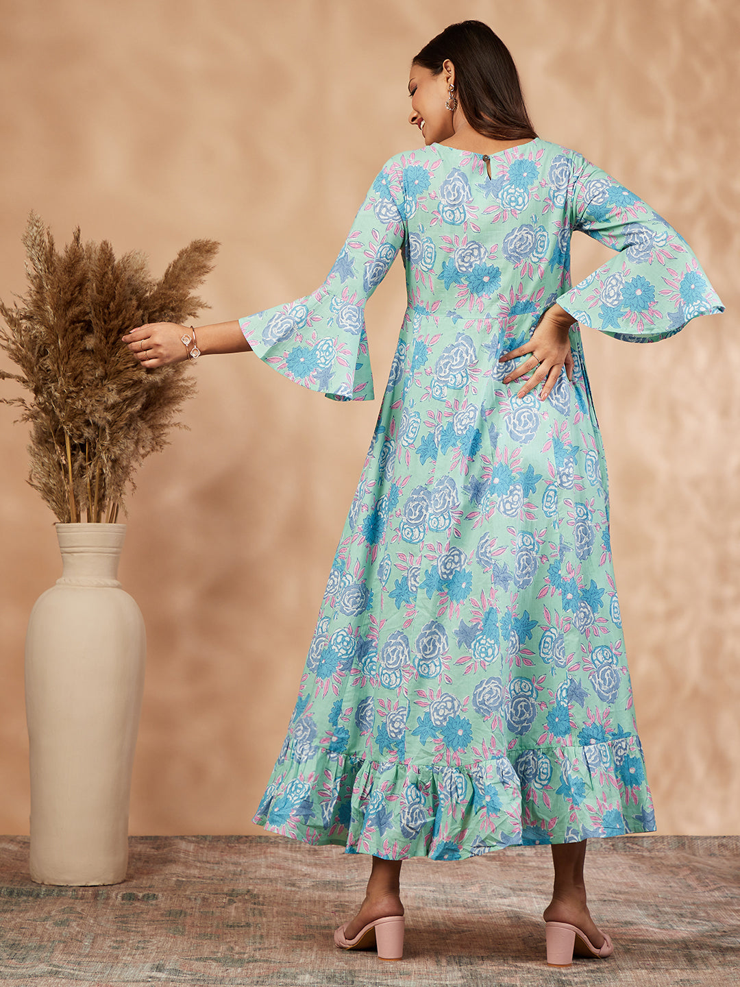 Mint Floral Print  Anarkali Dress