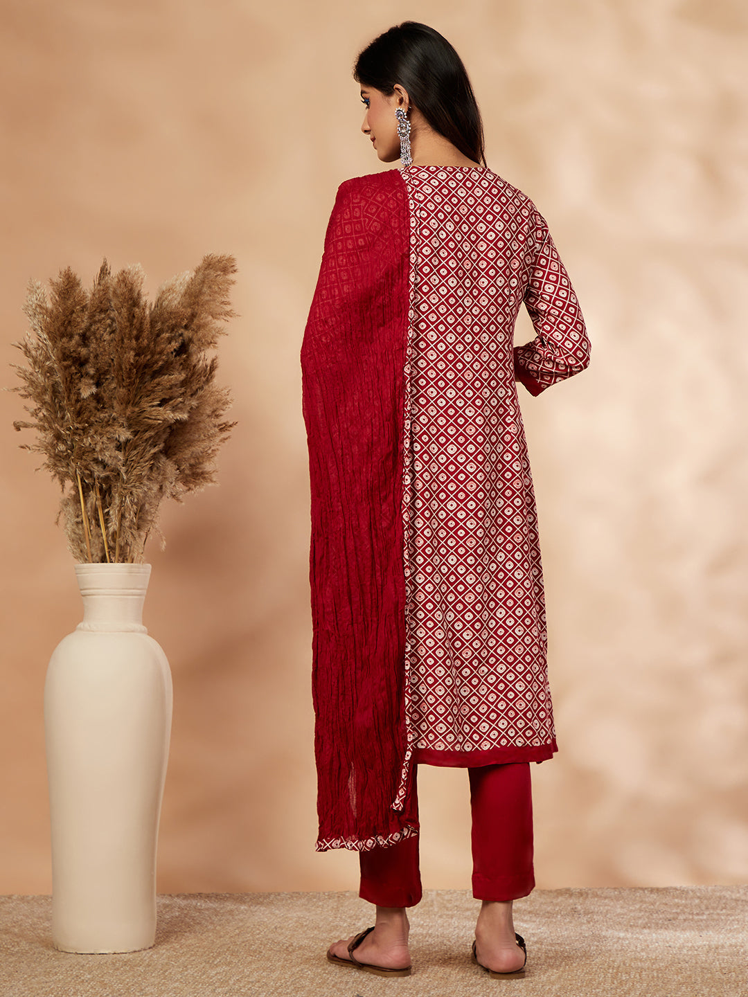 Red Printed A-Line Kurta Set