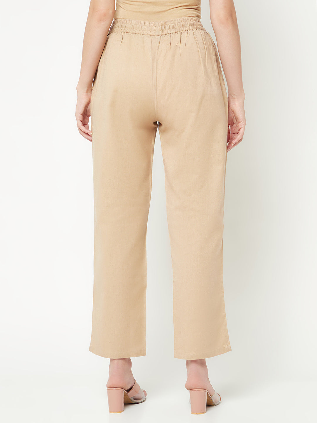 Beige Solid Straight Pants