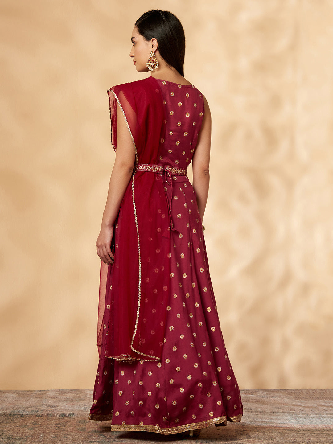 Wine Printed Belt Anarkali Lehenga Set