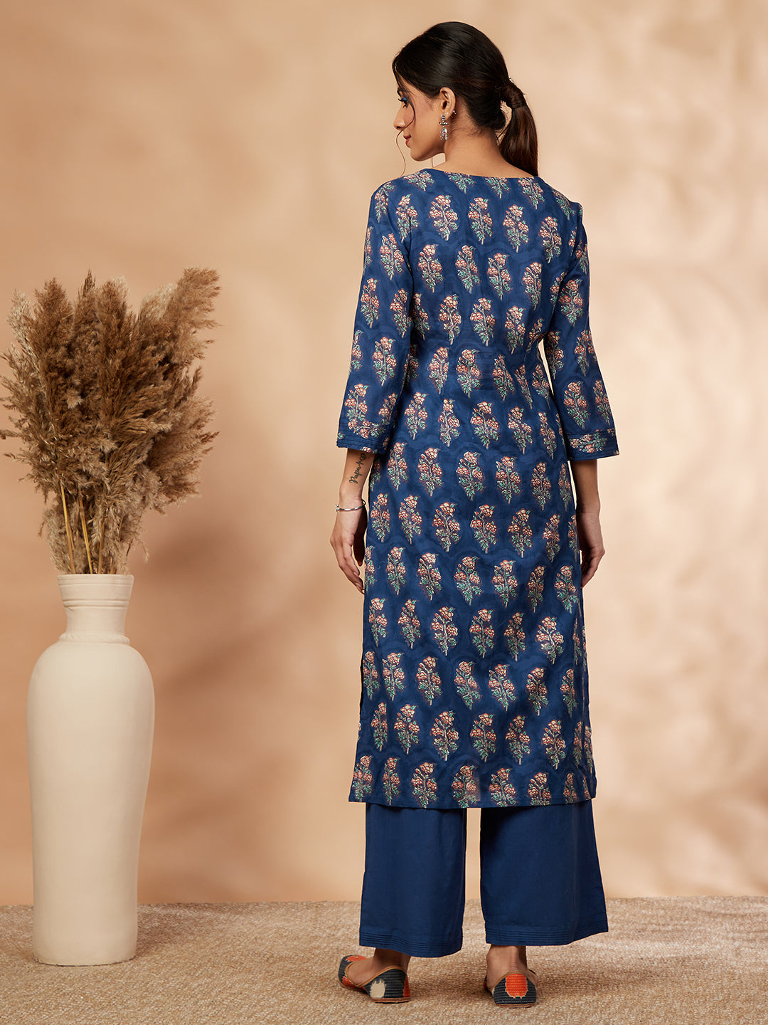 Navy Blue Printed Cotton Kurta Set