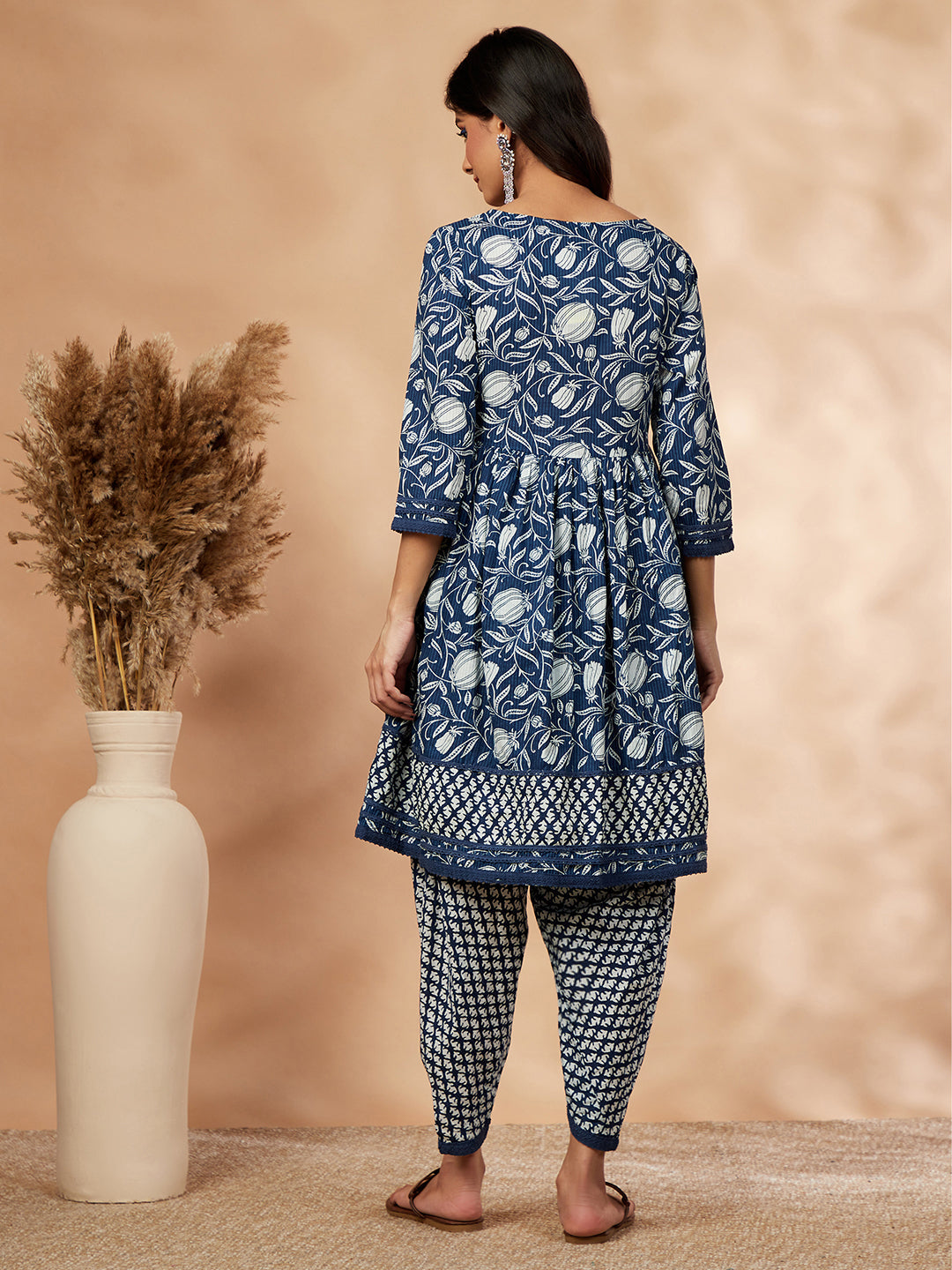 Indigo Printed Cotton Gathered Kurta-Dhoti Pant Set