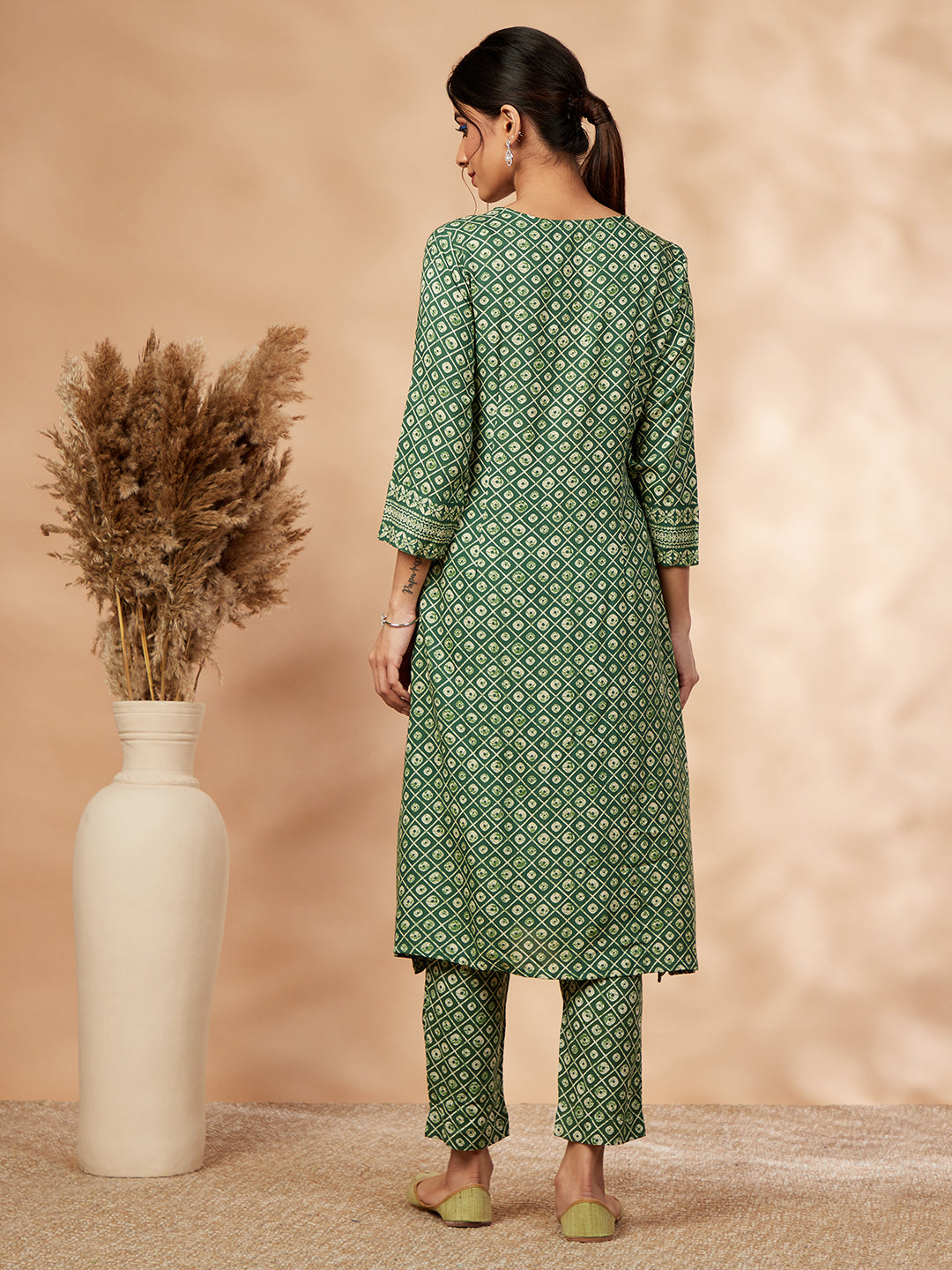 Printed Green A-Line Kurta set