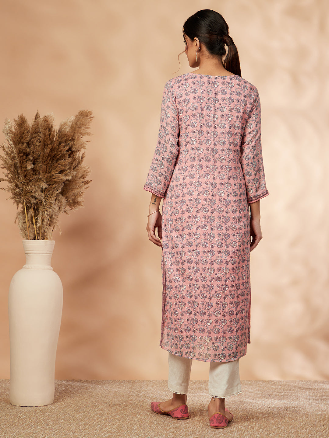 Light Pink Floral Print Straight Kurta