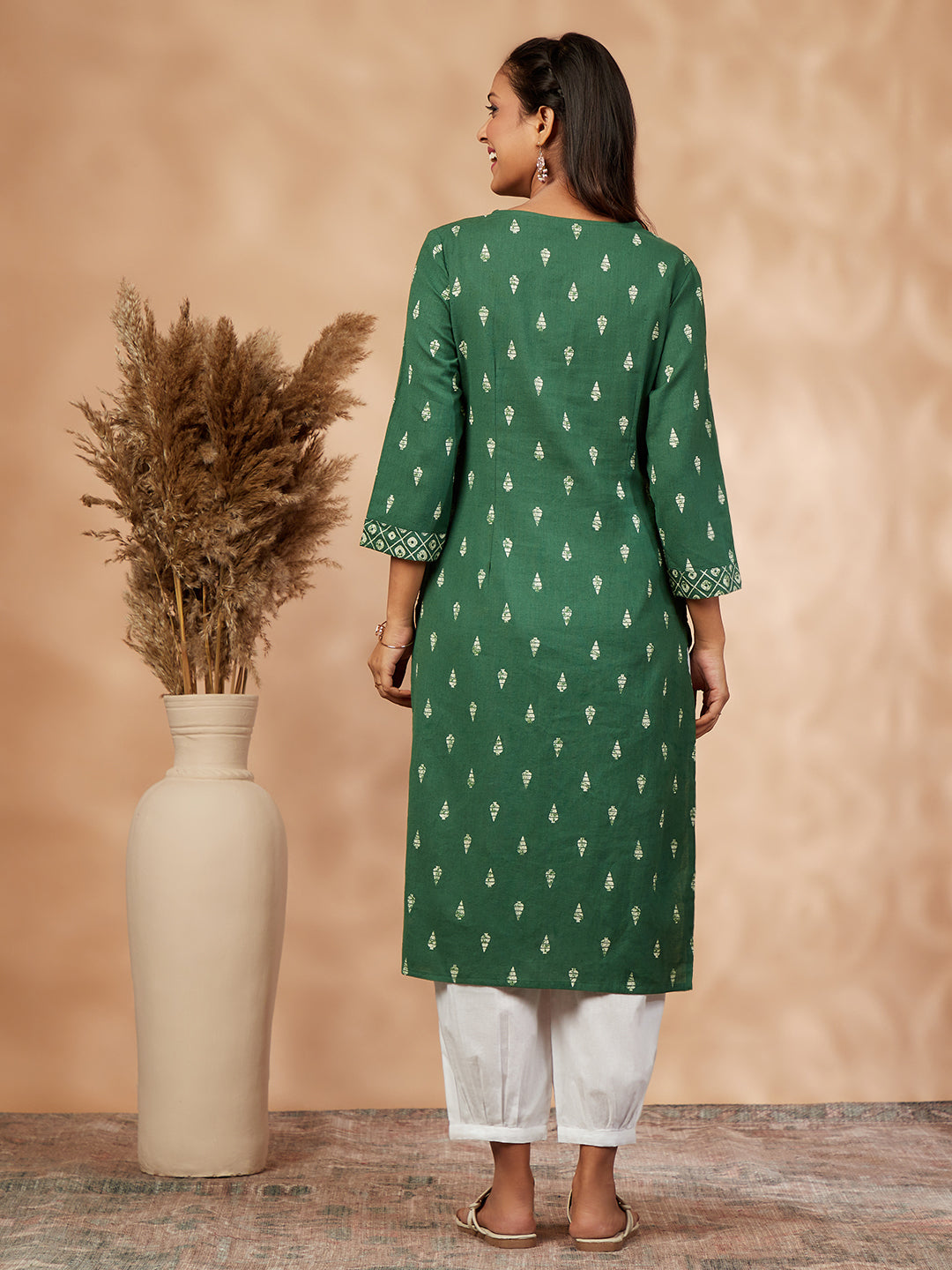 Green Printed Cotton Straight Kurta