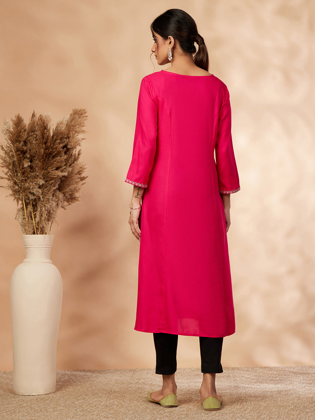Floral Fuchsia Embellished A-Line Kurta