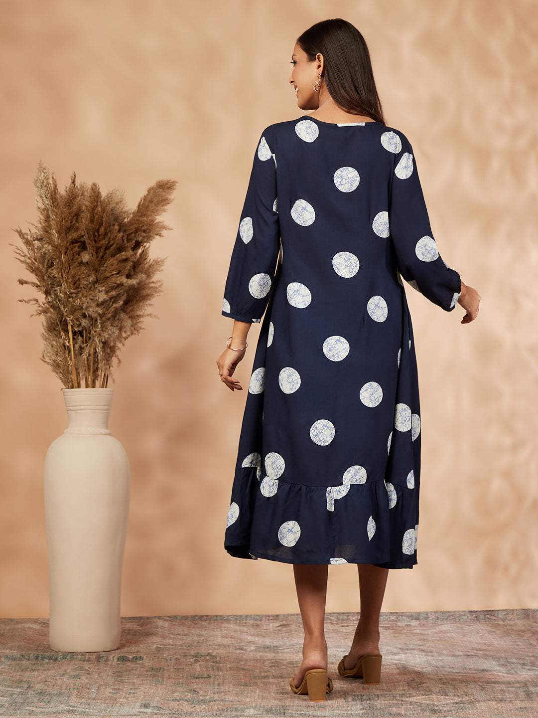 Print Navy Blue Gathered Dress