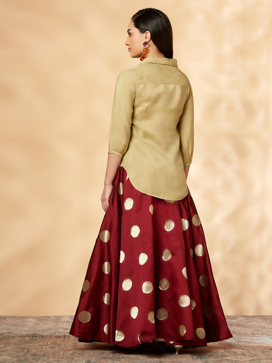 Indo-western Beige & Maroon Flared Skirt Set