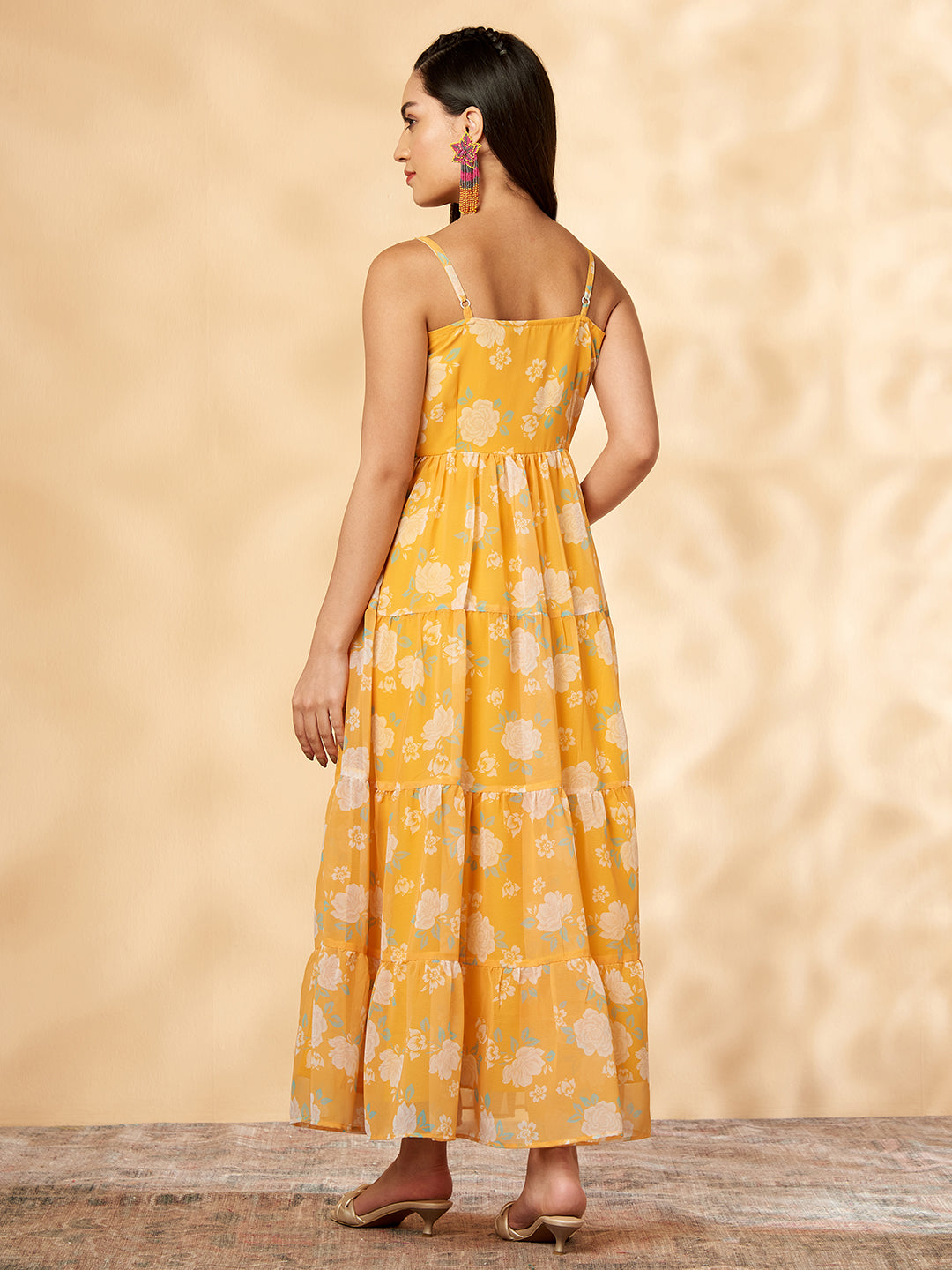 Floral Yellow Printed Tiered Dress