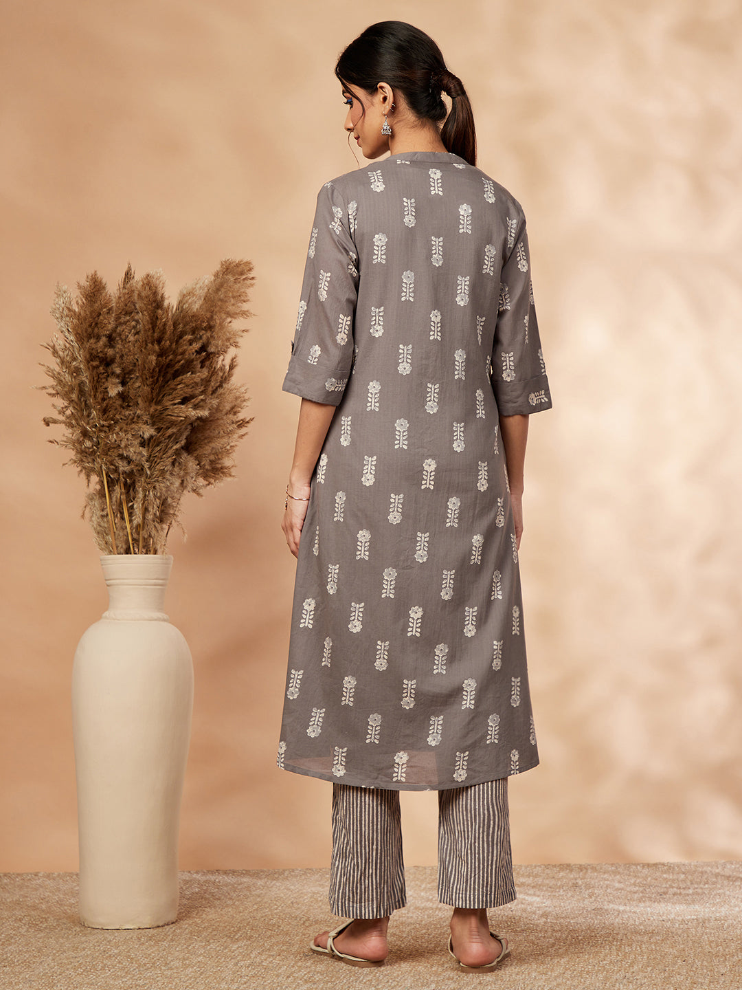 Grey Printed A-Line Kurta Set