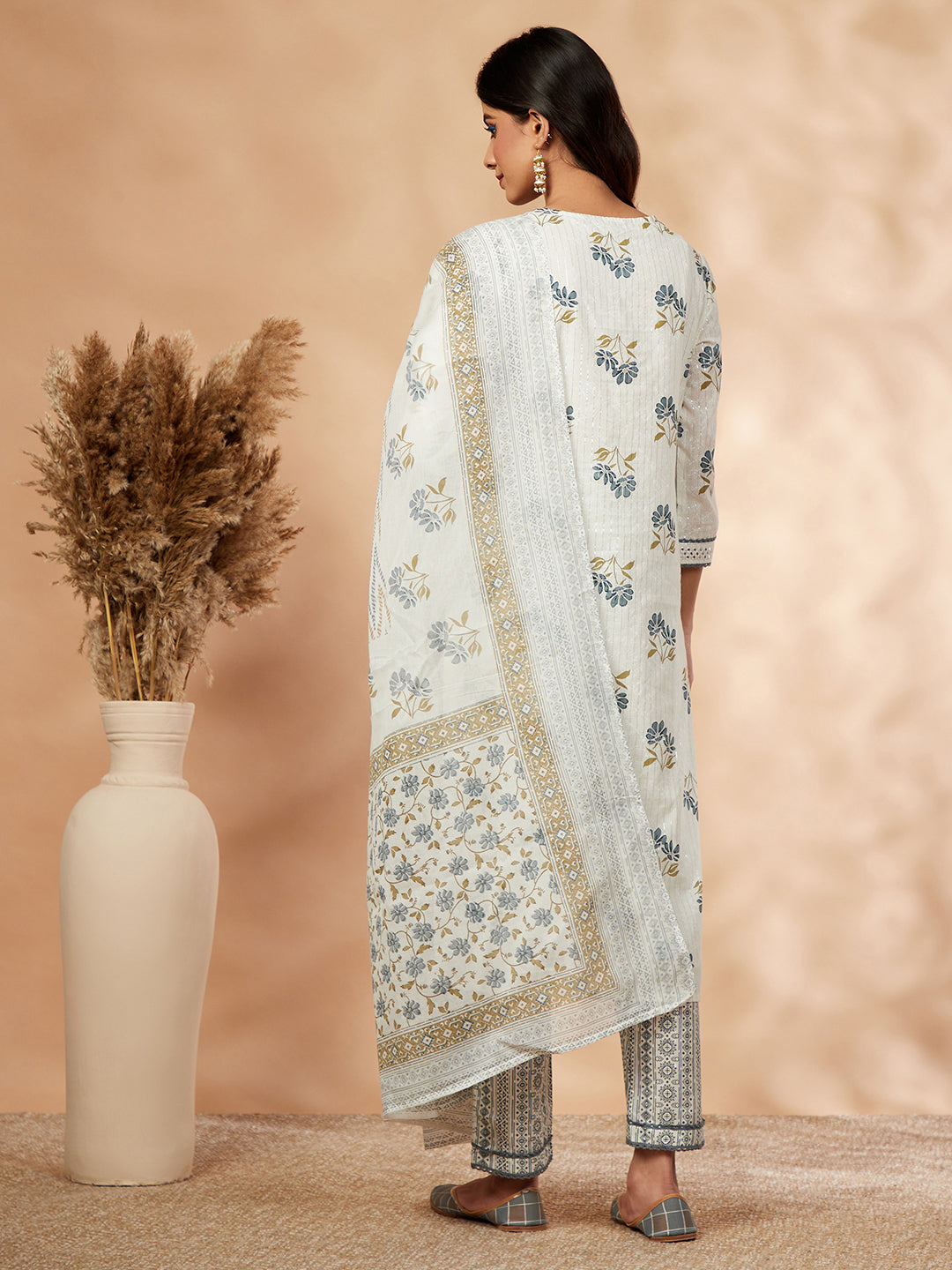 Blue Cotton Printed Straight Kurta Set