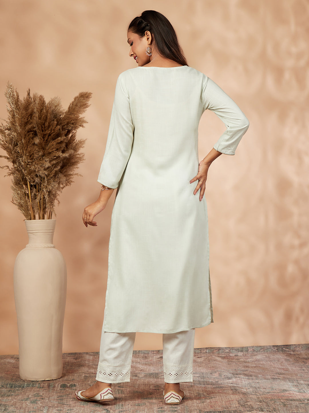 Light Green Solid Floral Straight Kurta