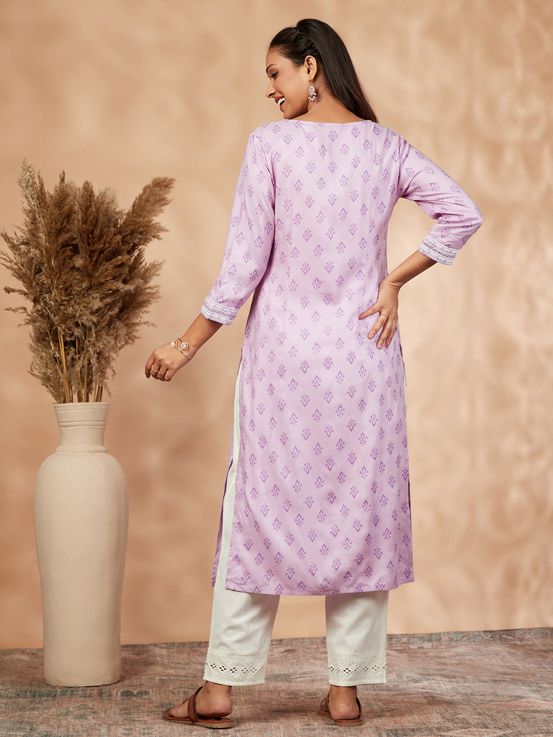 Light Pink Print  Gathered Kurta