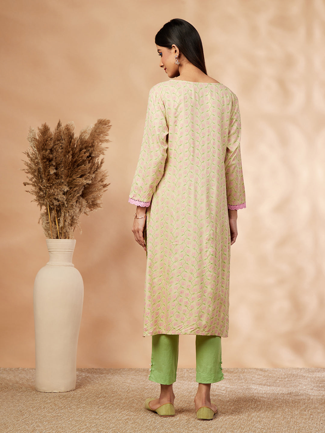 Beige Print Straight Kurta