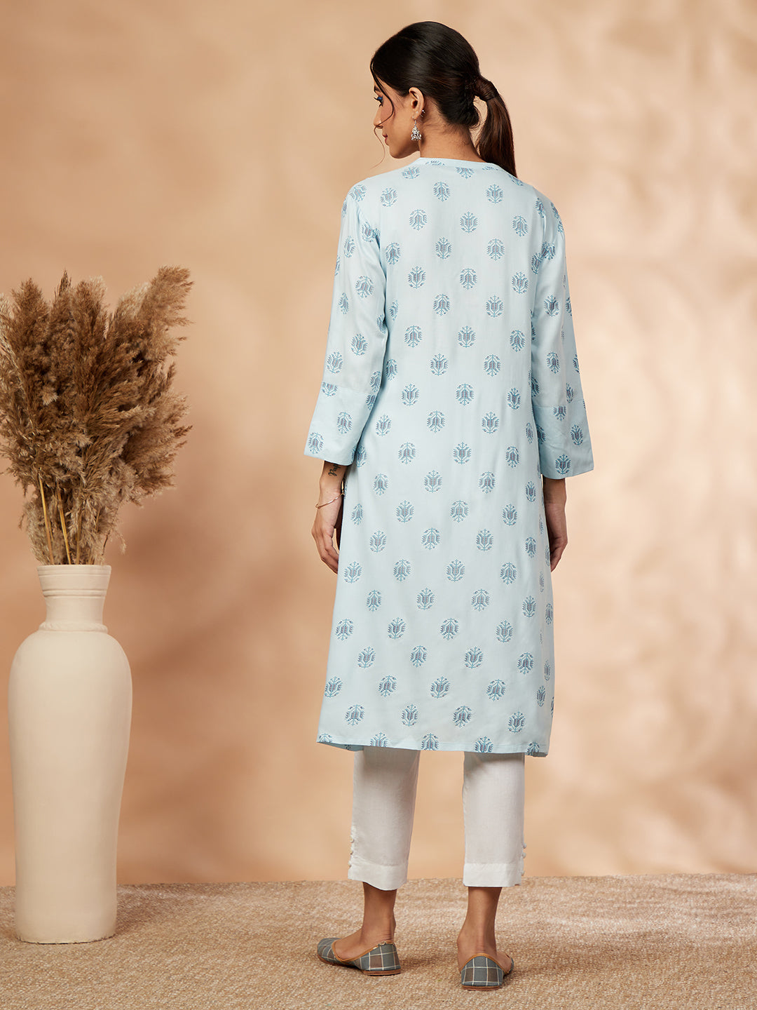 Light Blue Print Straight Kurta