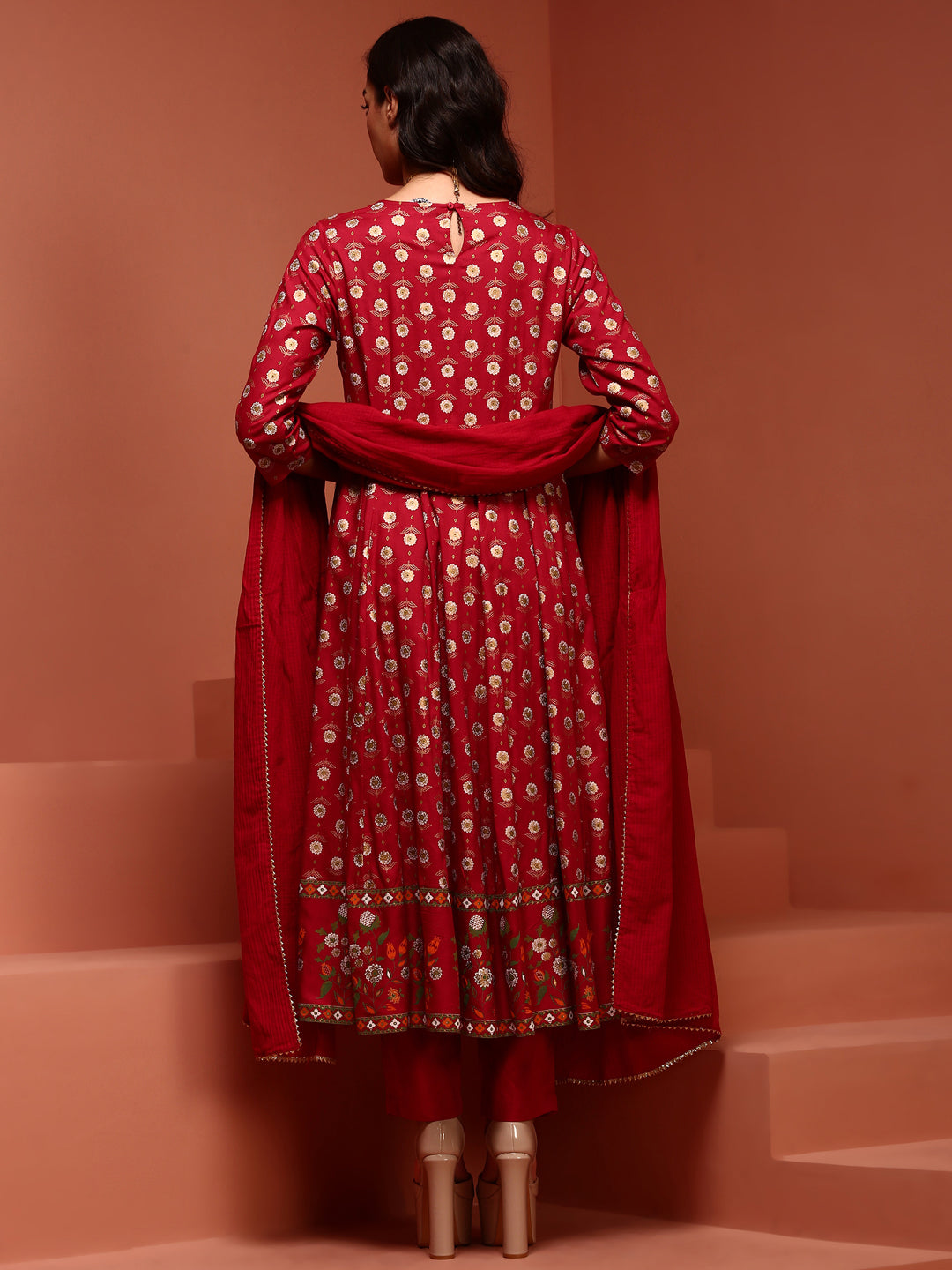 Red Printed Rayon Kalidar Kurta Set