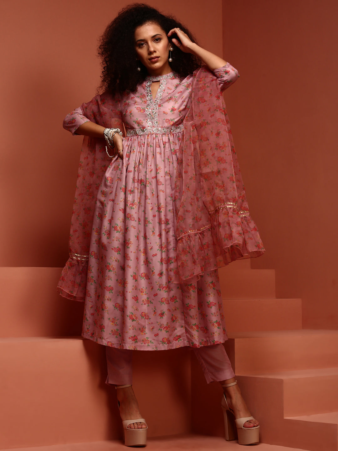 Peach Floral Gathered Printed Kurta Set