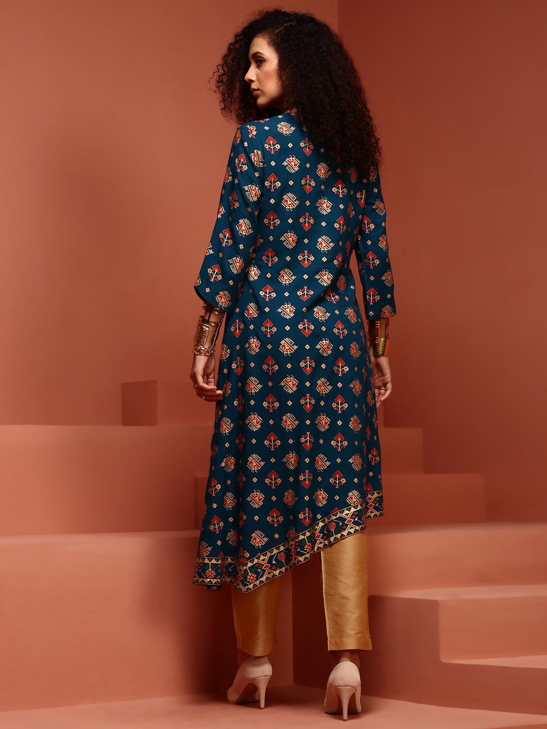 Navy Blue Asymmetric Printed Kurta