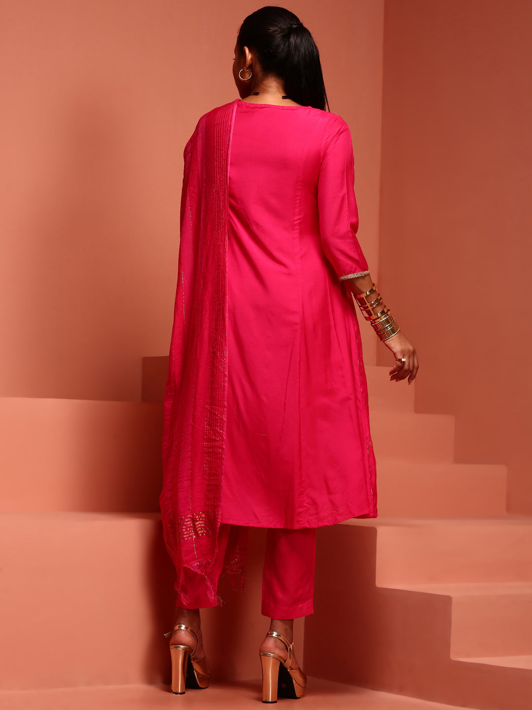 Fuchsia Chanderi Jaquard A-Line Kurta