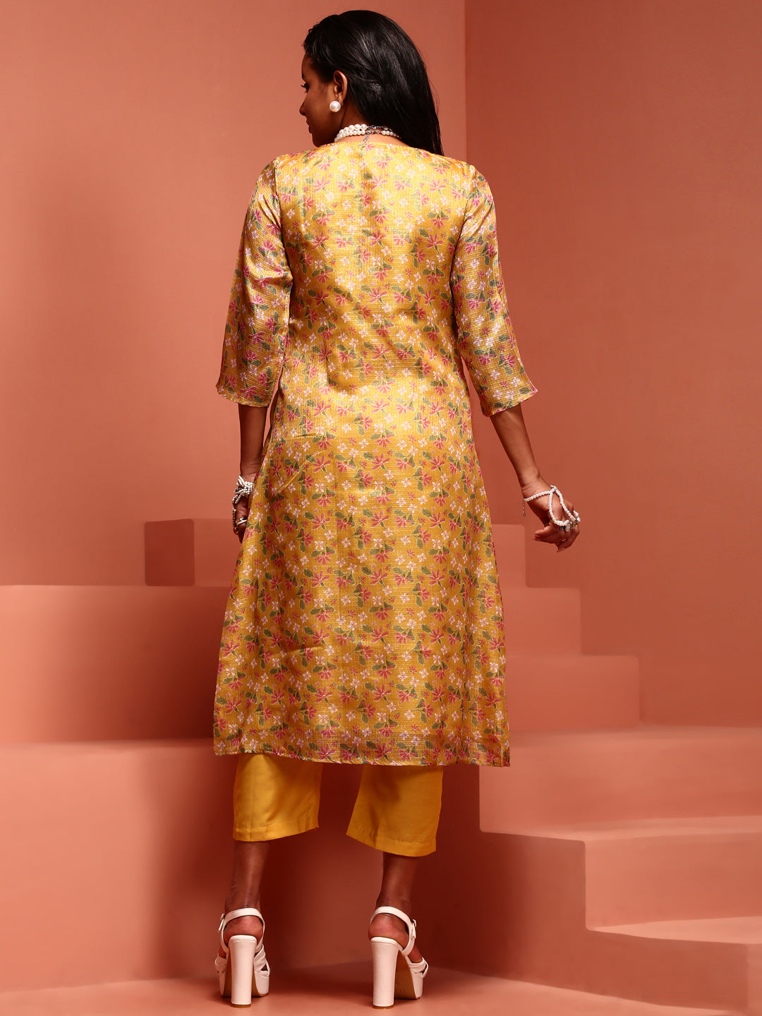 Yellow Kota Embroidered Kurta Set