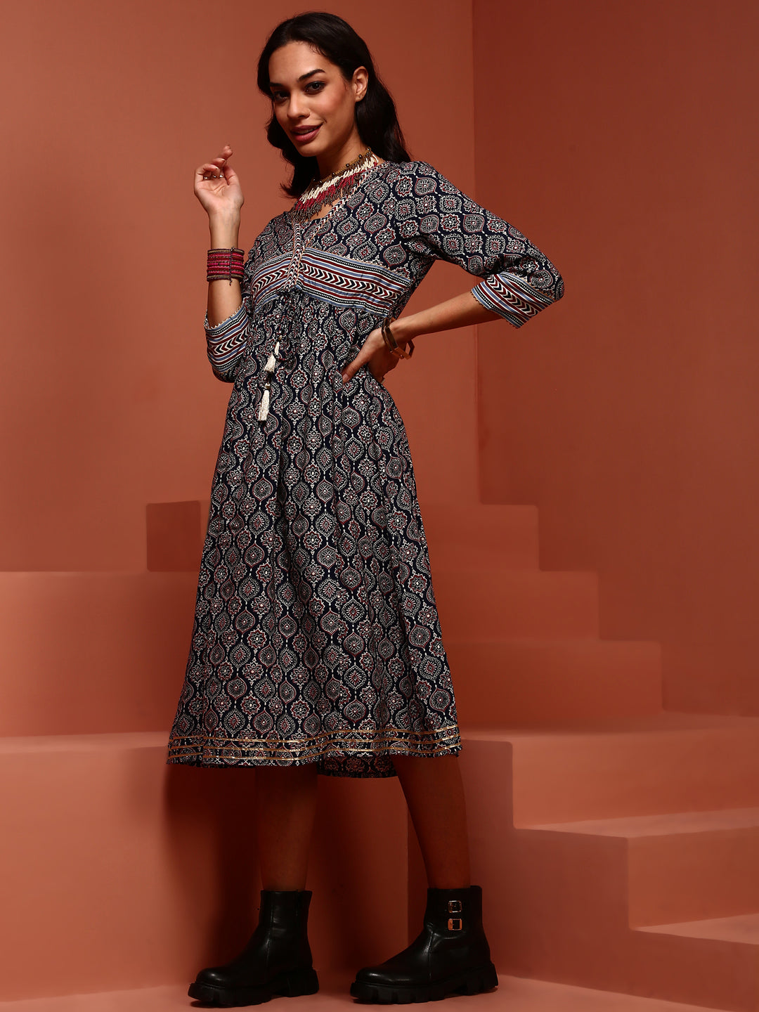 Indigo Gathered Printed Kurta