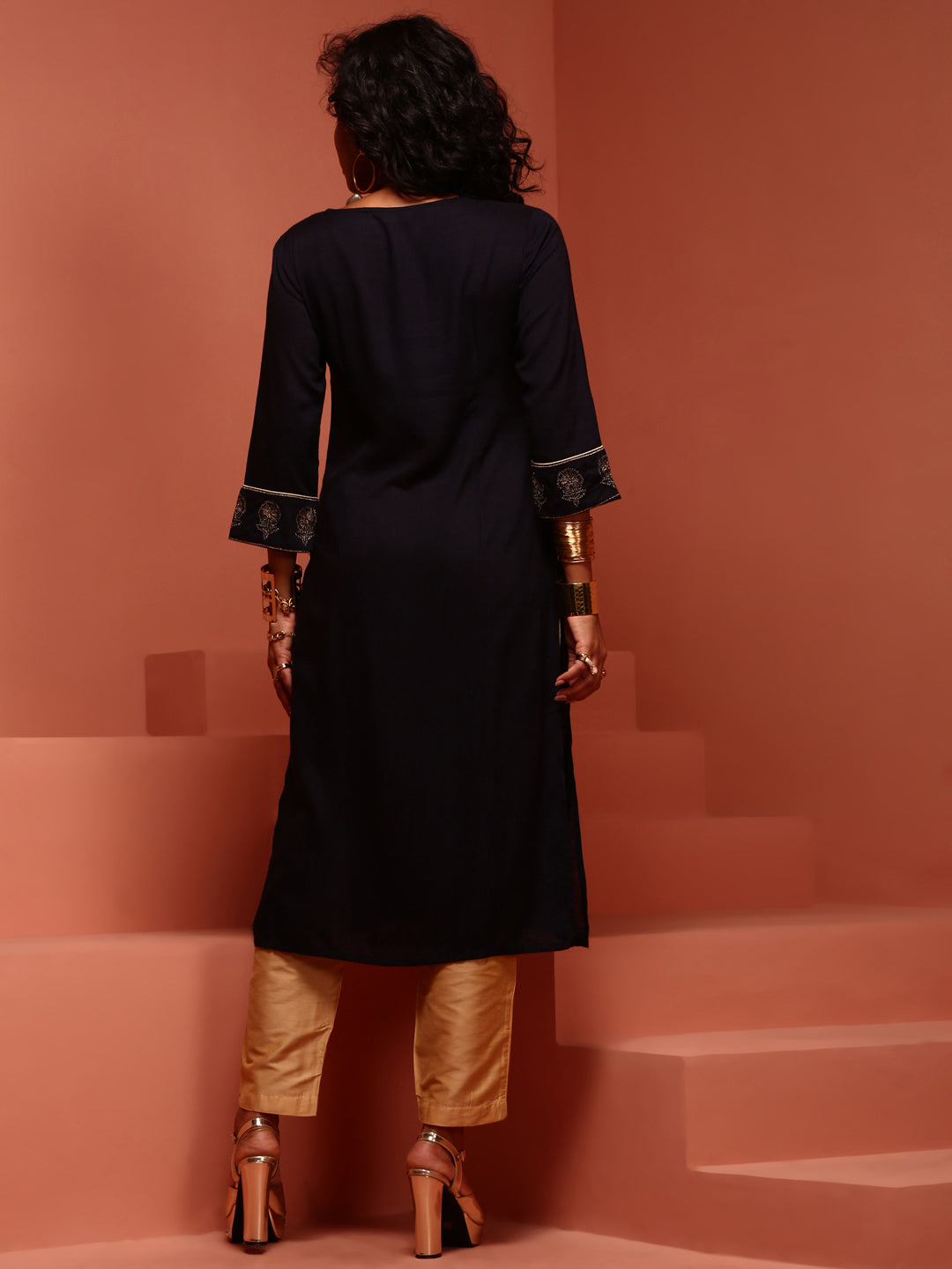 Navy Straight Embroidered Kurta