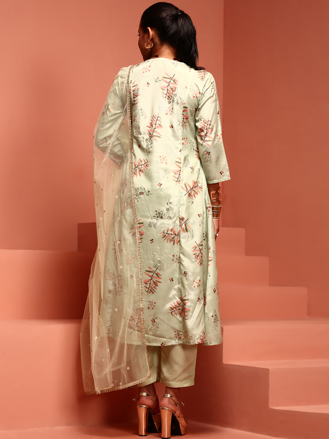 Mint A-line Printed Kurta Suit Set