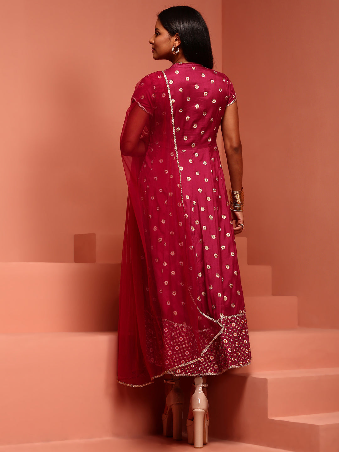 Wine Printed Dress With Net Dupatta