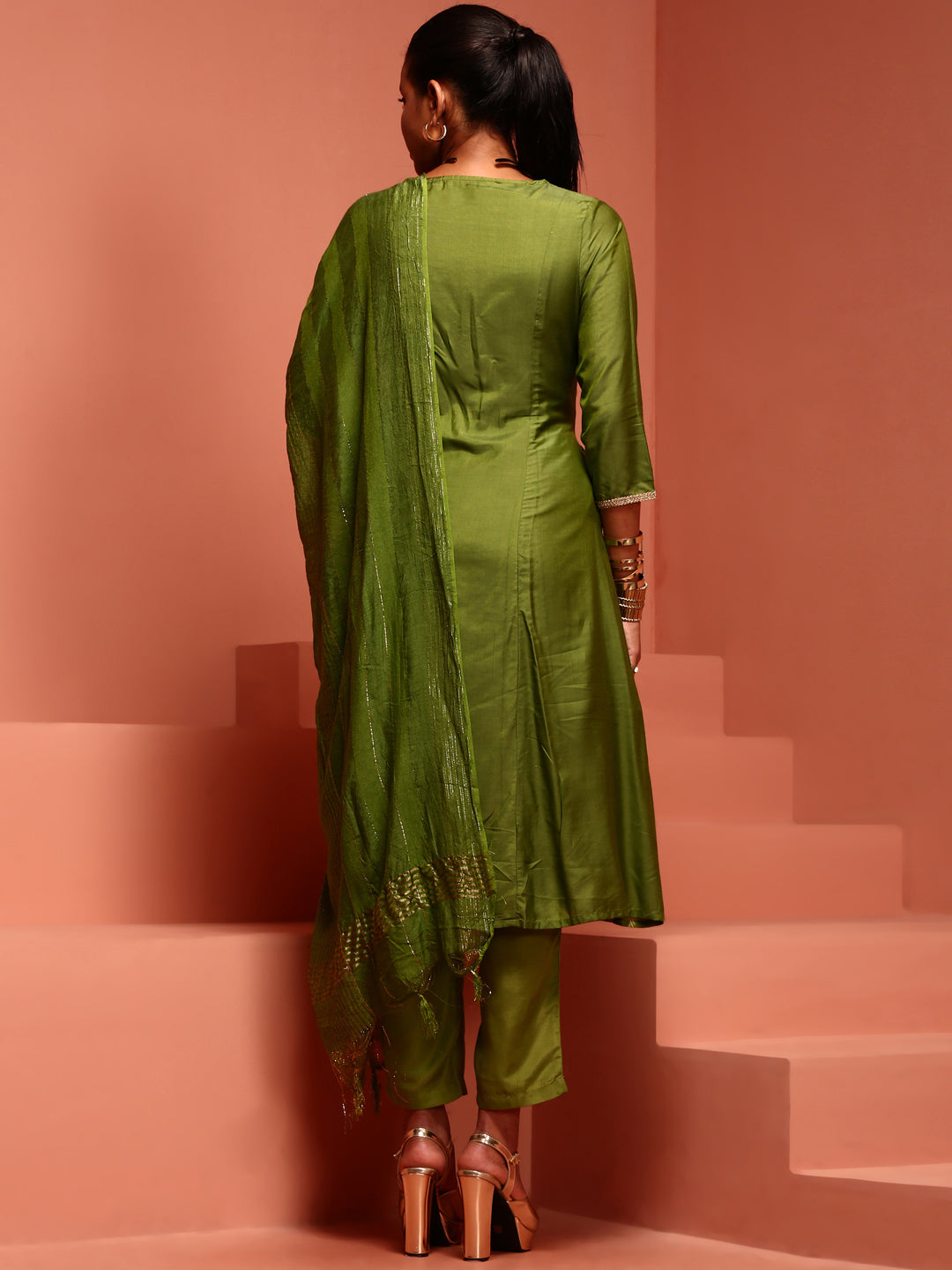 Green Jaquard A-Line Chanderi Kurta Set