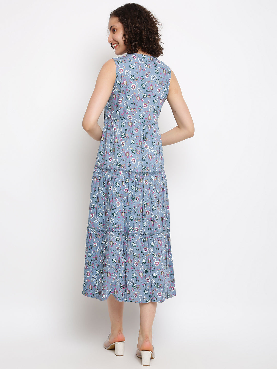 Printed Blue Tiered Dress