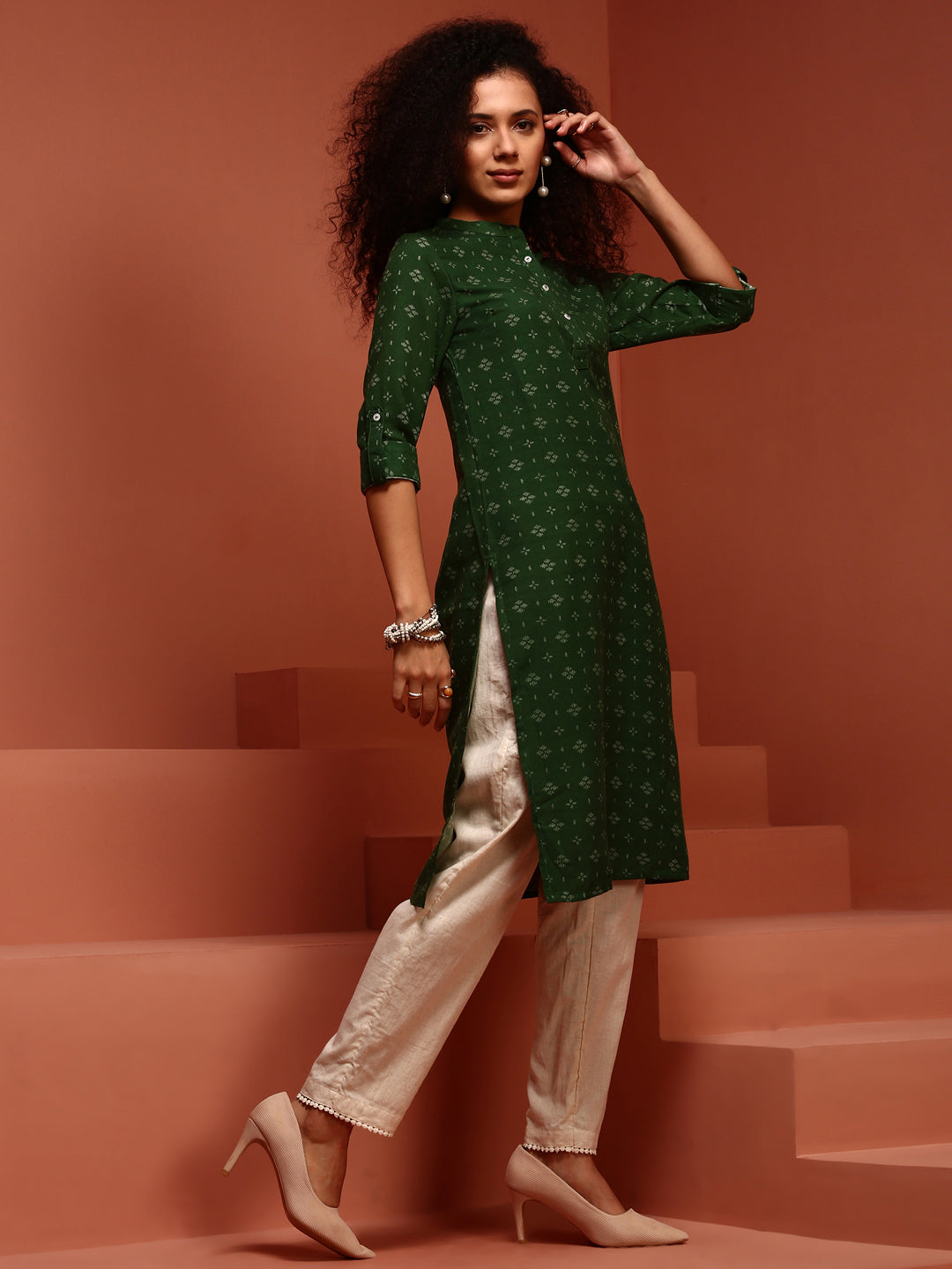 Green Flared Asymmetric Kurta