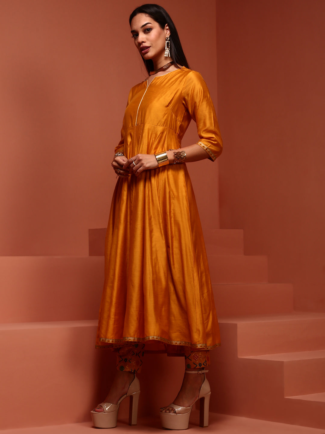 Mustard Solid Chanderi Anarkali Set