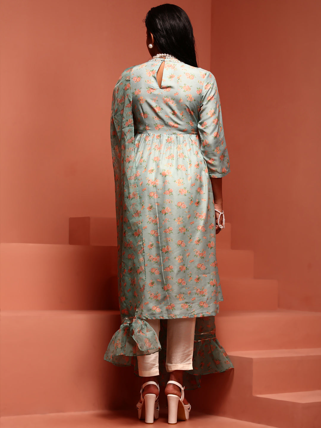 Mint Printed Muslin Gathered Kurta Set