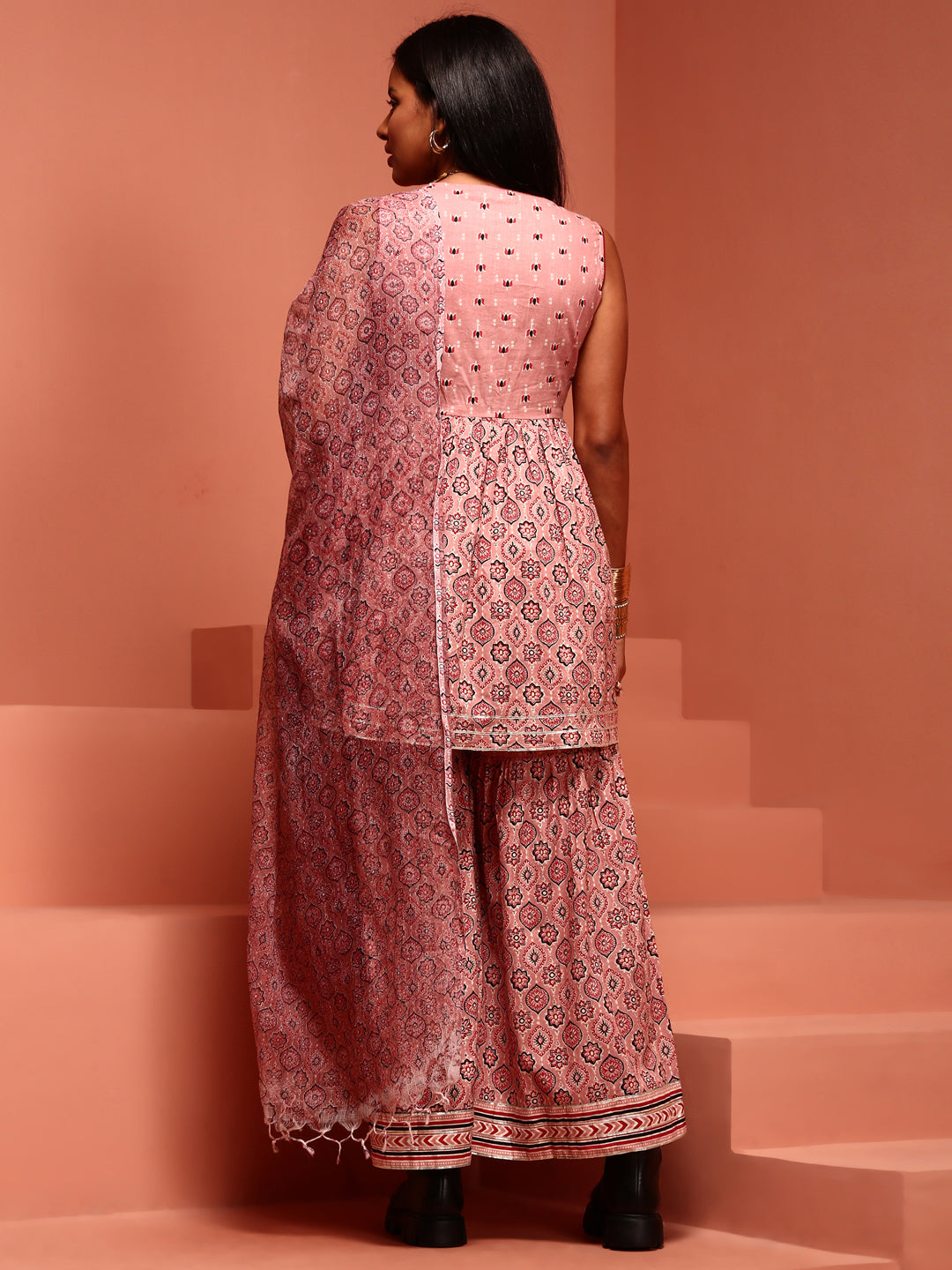 Cotton Pink Printed Kurta- Sharara Set