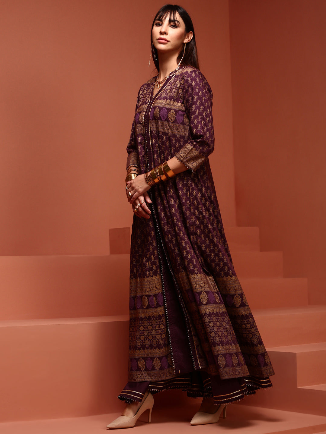 Kalidar Purple Printed Kurta Set