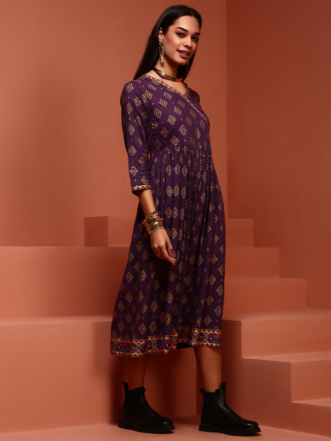 Violet Printed Gathered Kurta
