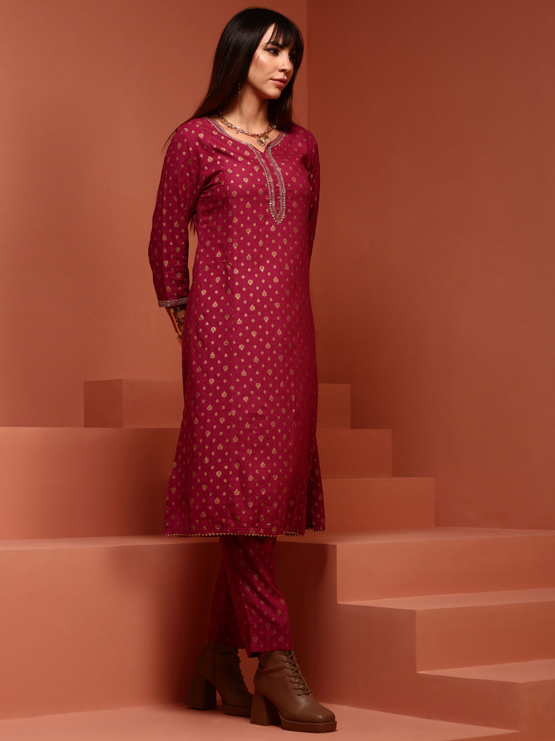 Purple Printed A-line Kurta Set