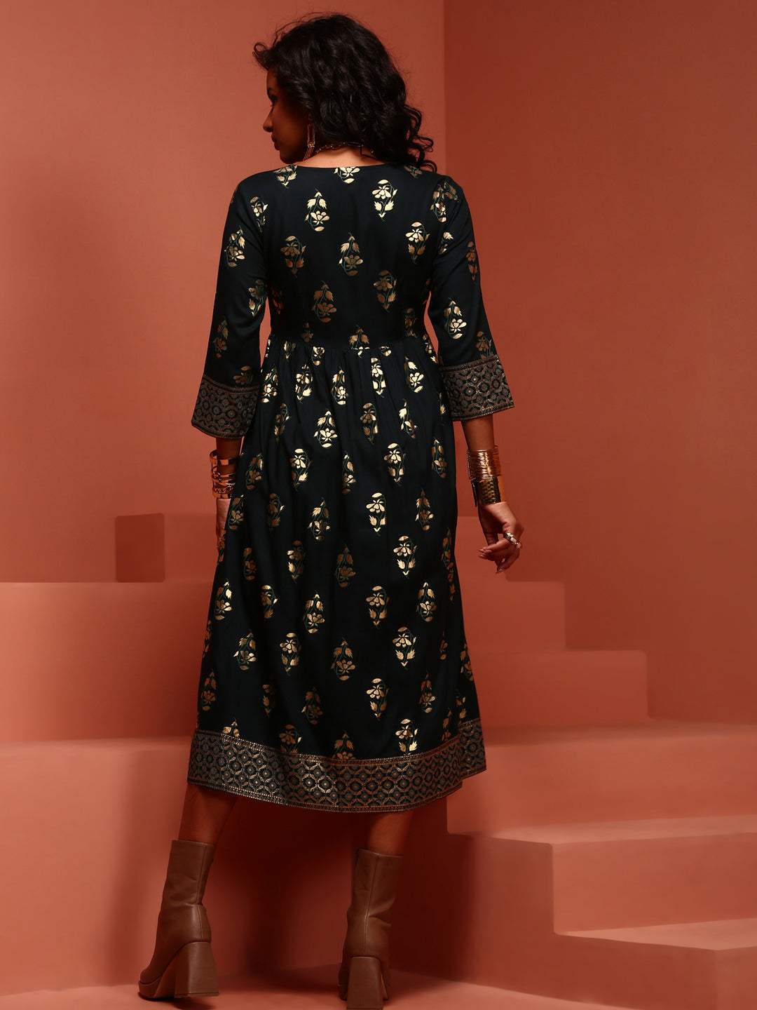 Teal Printed Rayon Kurta