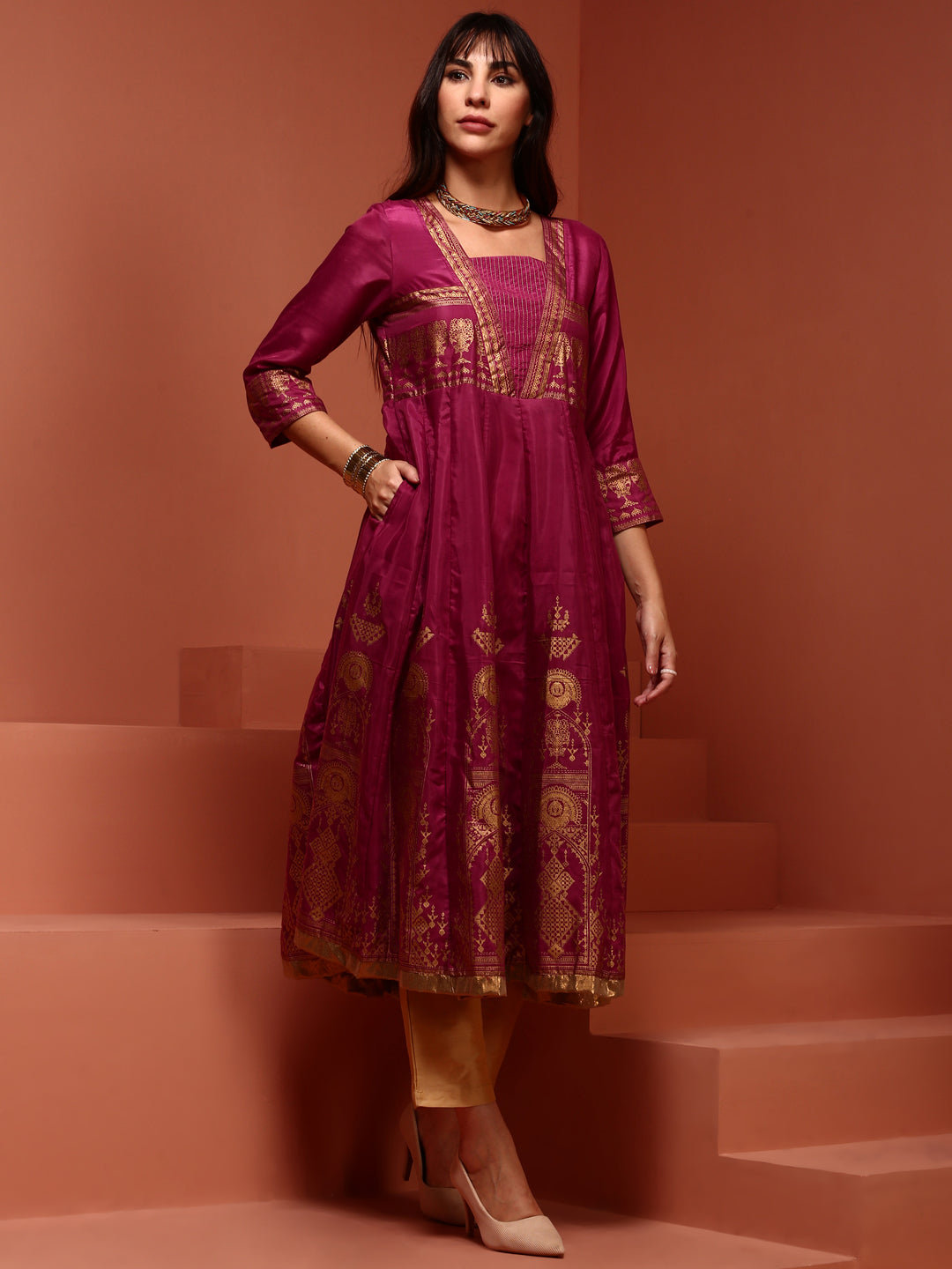 Pink Kalidar Printed Shantoon Kurta