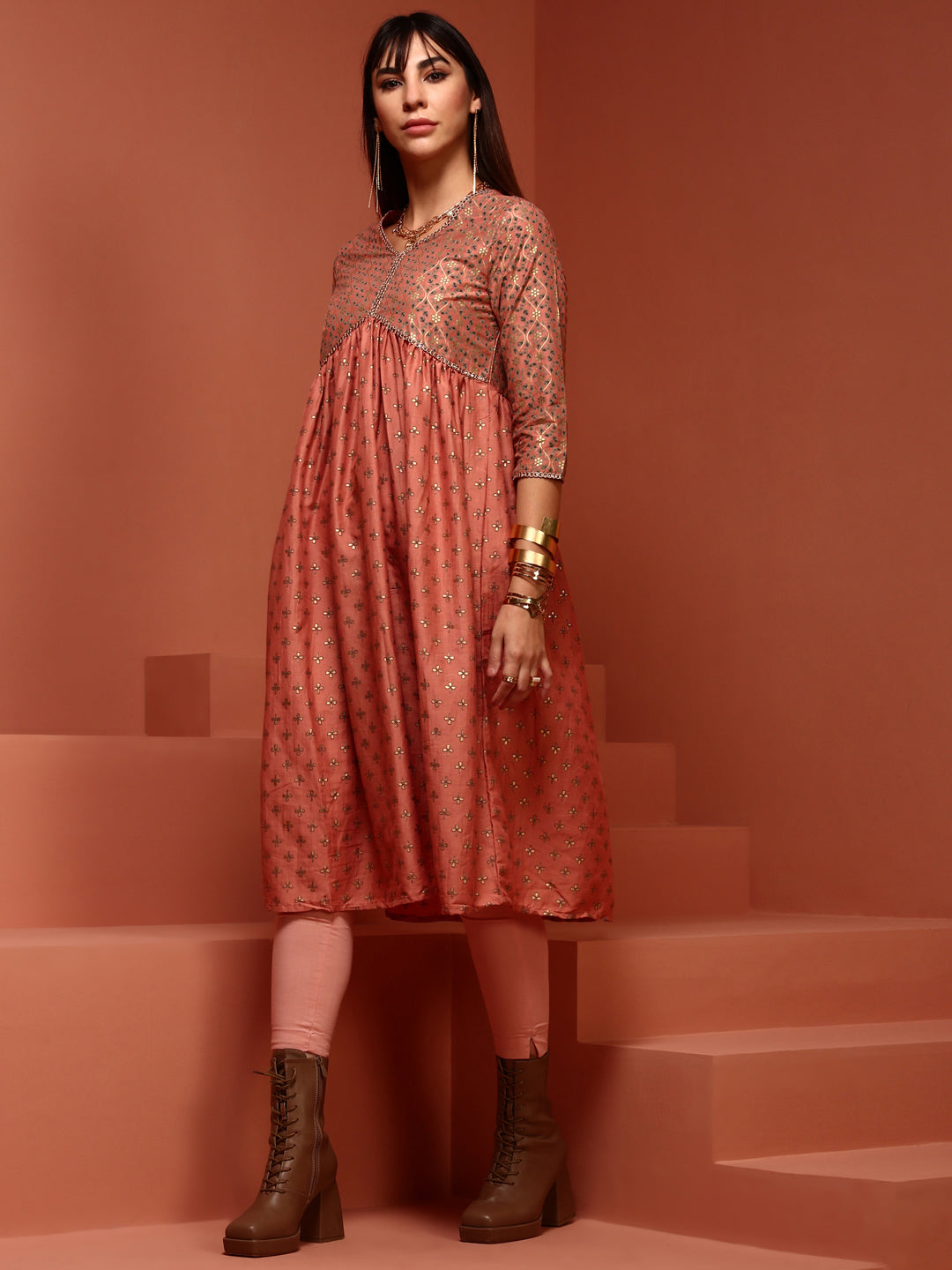Peach Printed Gathered Kurta