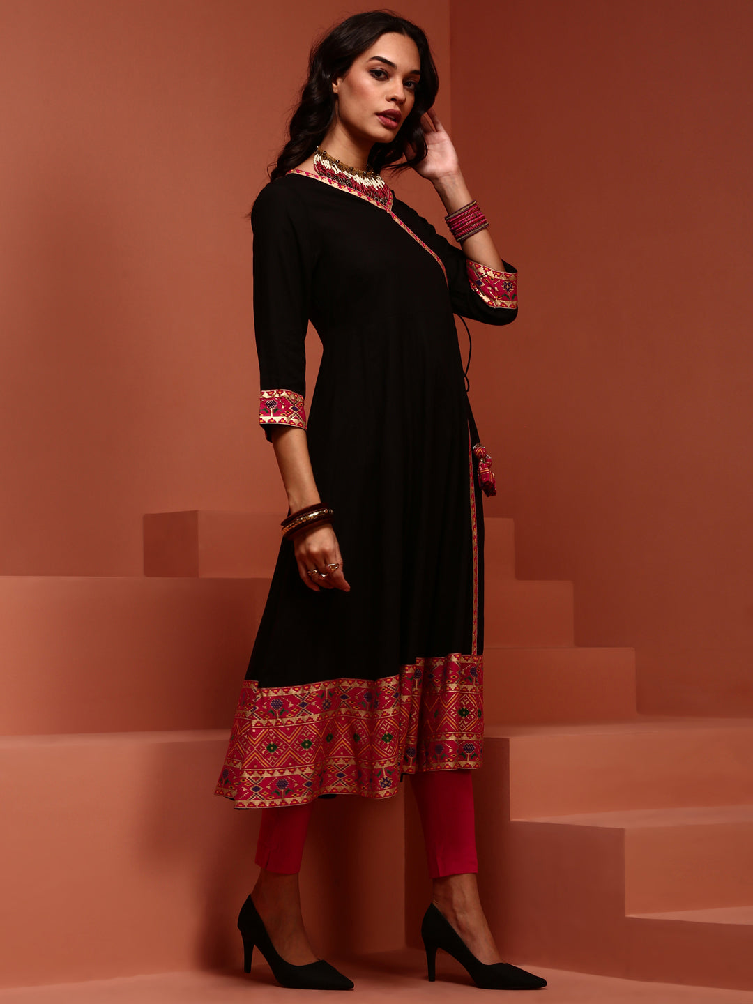 Solid Black A-line Kalidar Kurta